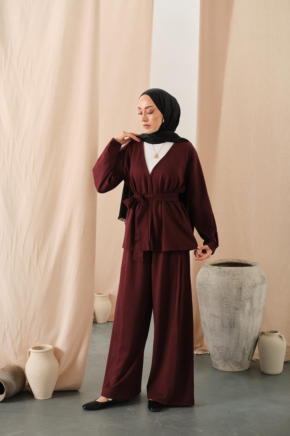 Bel Bağlamalı Kimono Takım Bordo