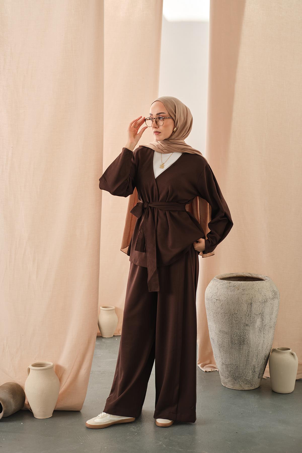 Bel Bağlamalı Kimono Takım Kahverengi