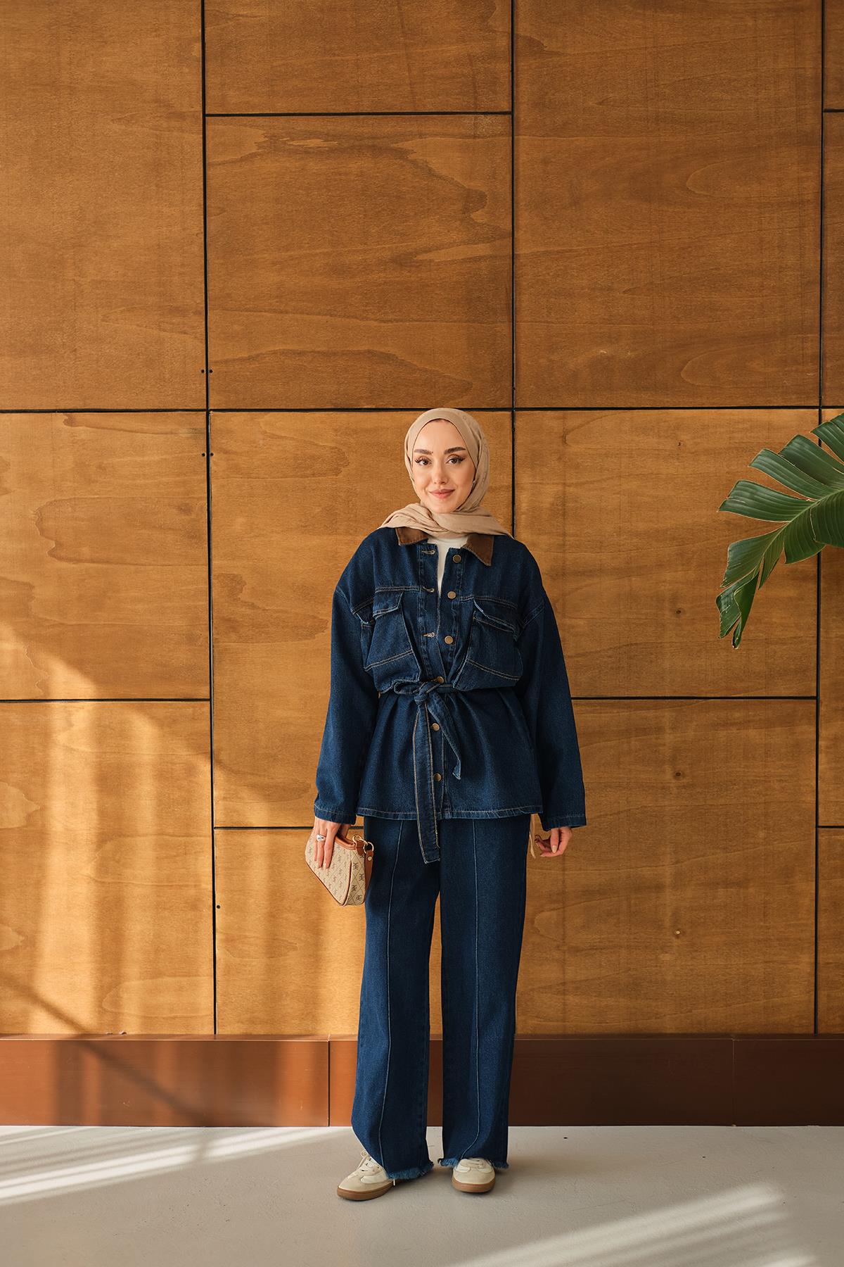 Bel Bağlamalı Kot Takım Mavi