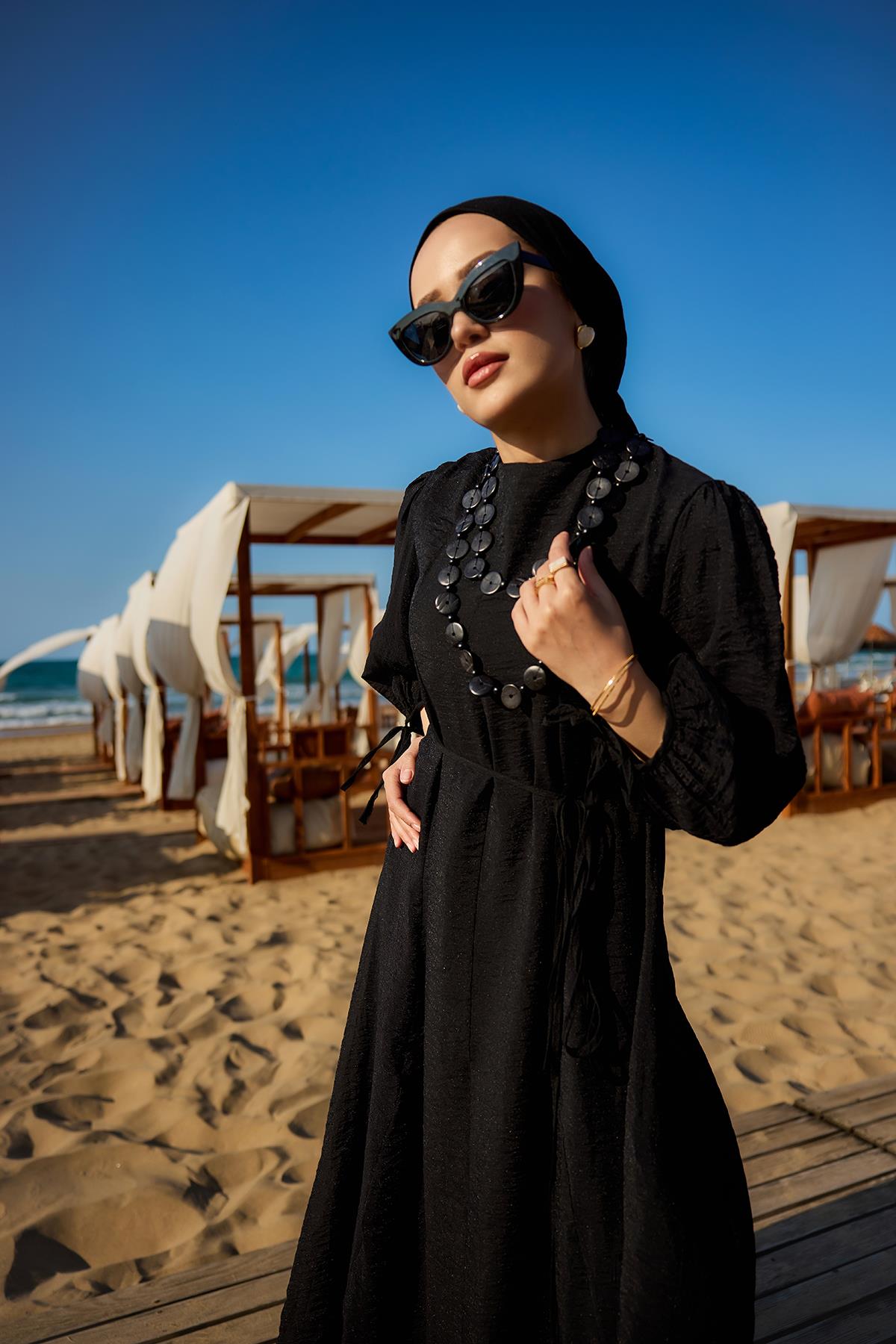 Bel Bağlamalı Laced Elbise Siyah