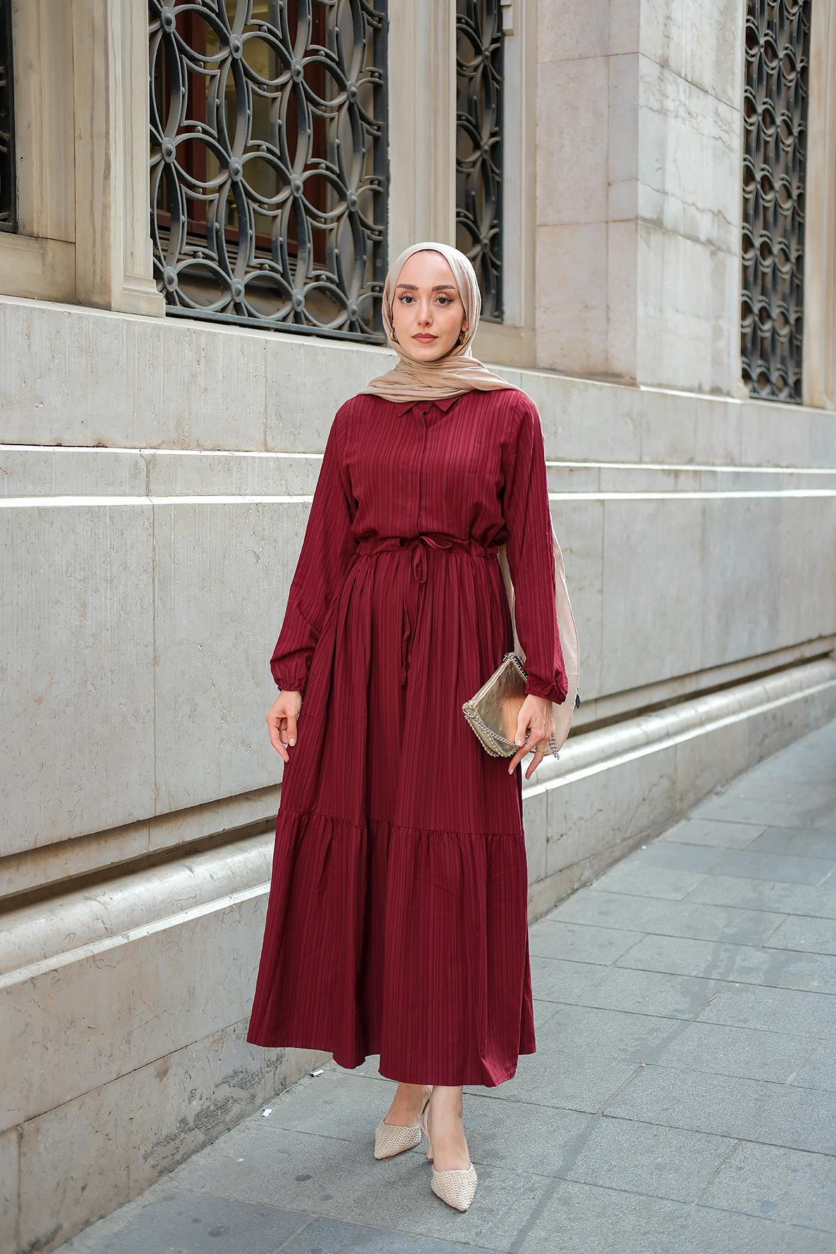 BEL BUZGULU ELBISE Bordo