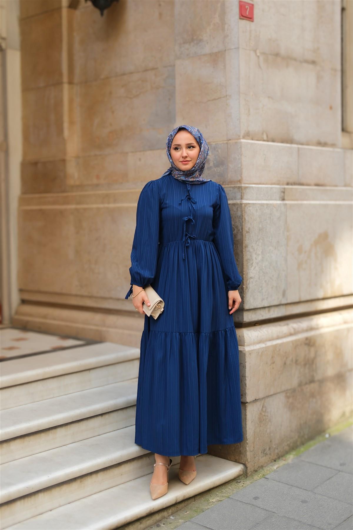 Bel Büzgülü Elbise Lacivert