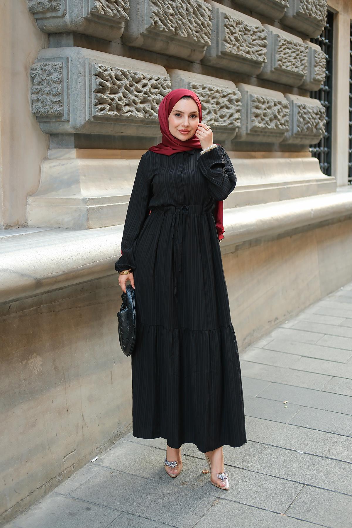 BEL BUZGULU ELBISE SIYAH