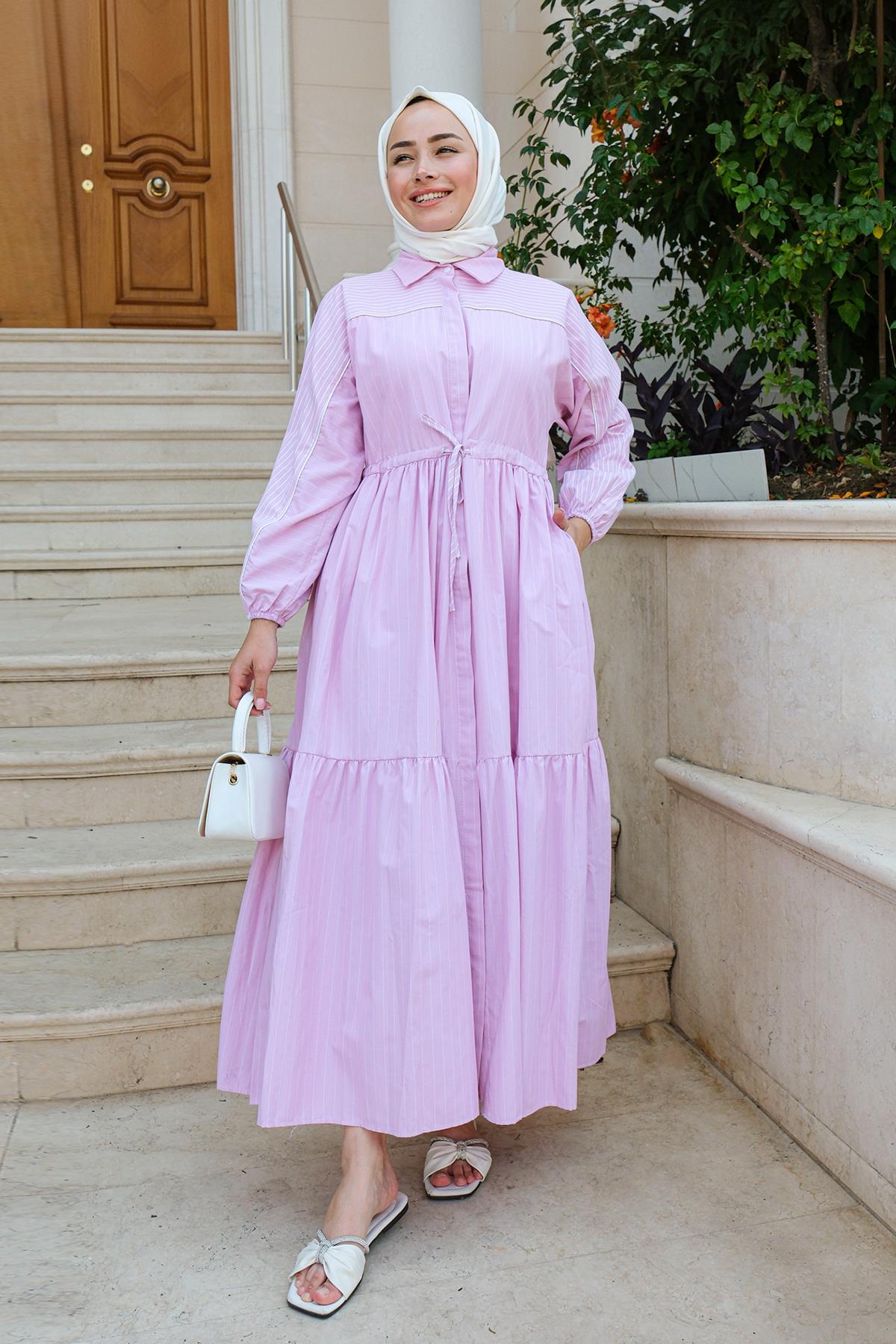 Bel Lastikli Çizgili Elbise Pembe