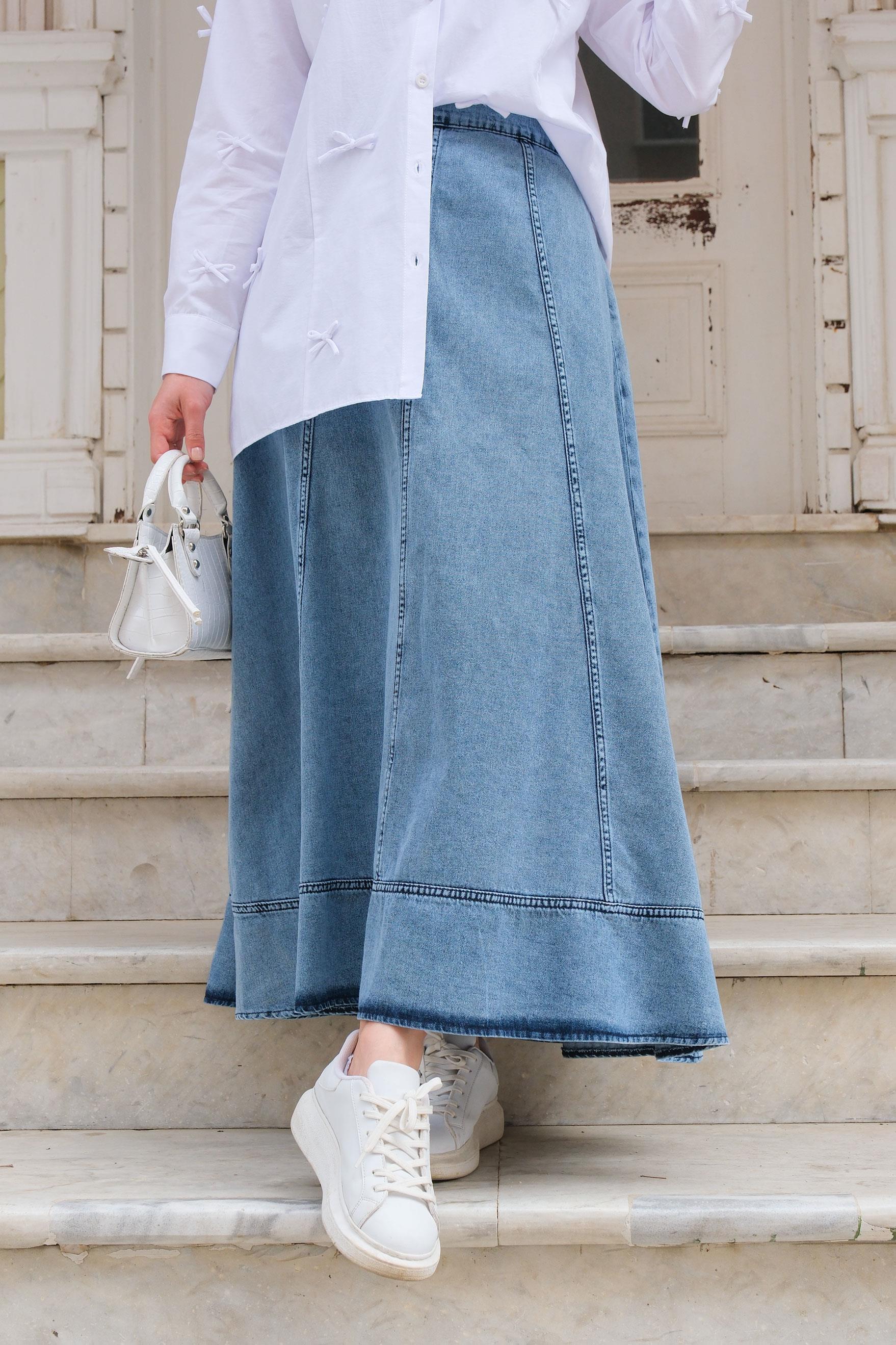 Bel Lastikli Kot Etek  Mavi