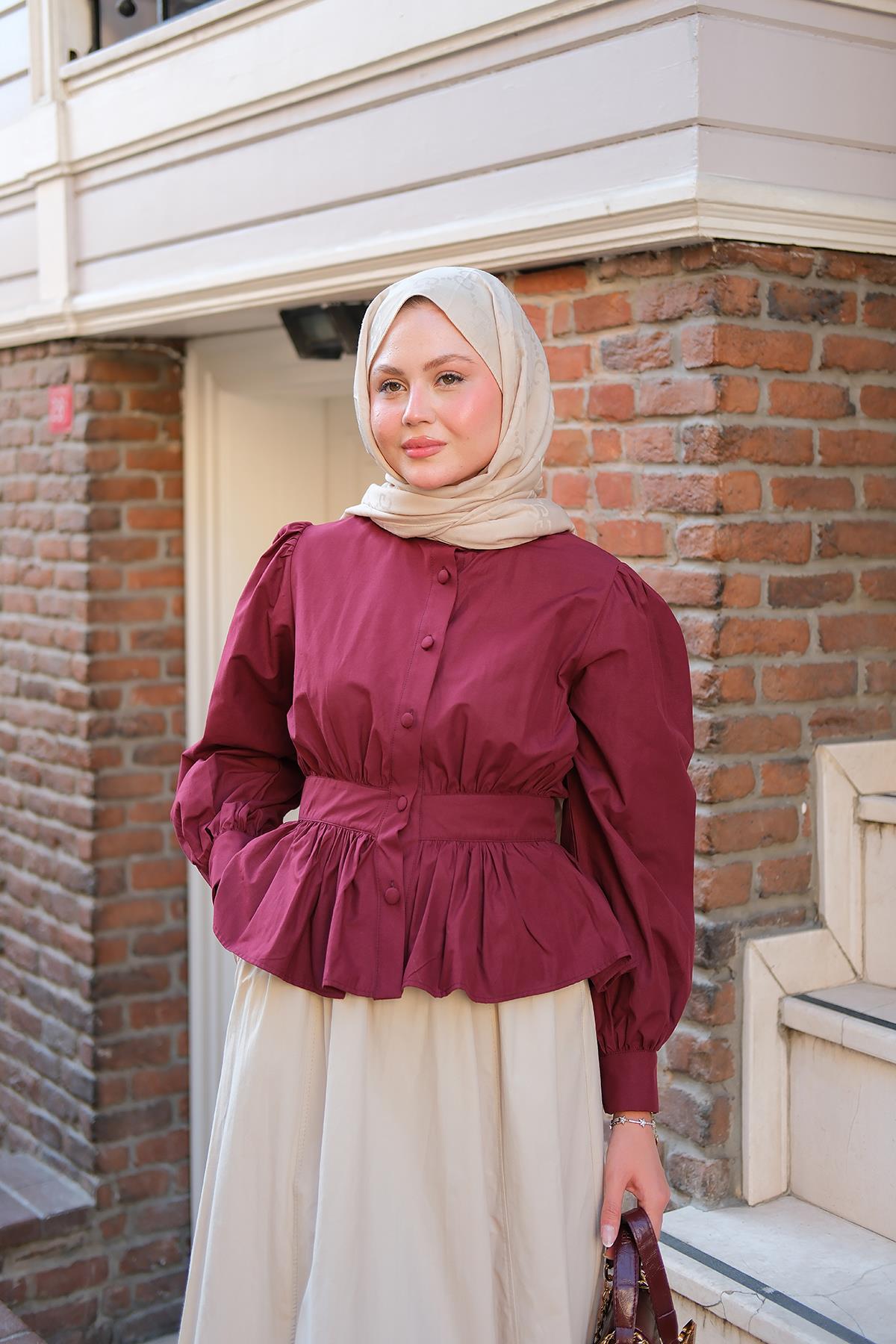 Beli Büzgü Detaylı Gömlek Bordo