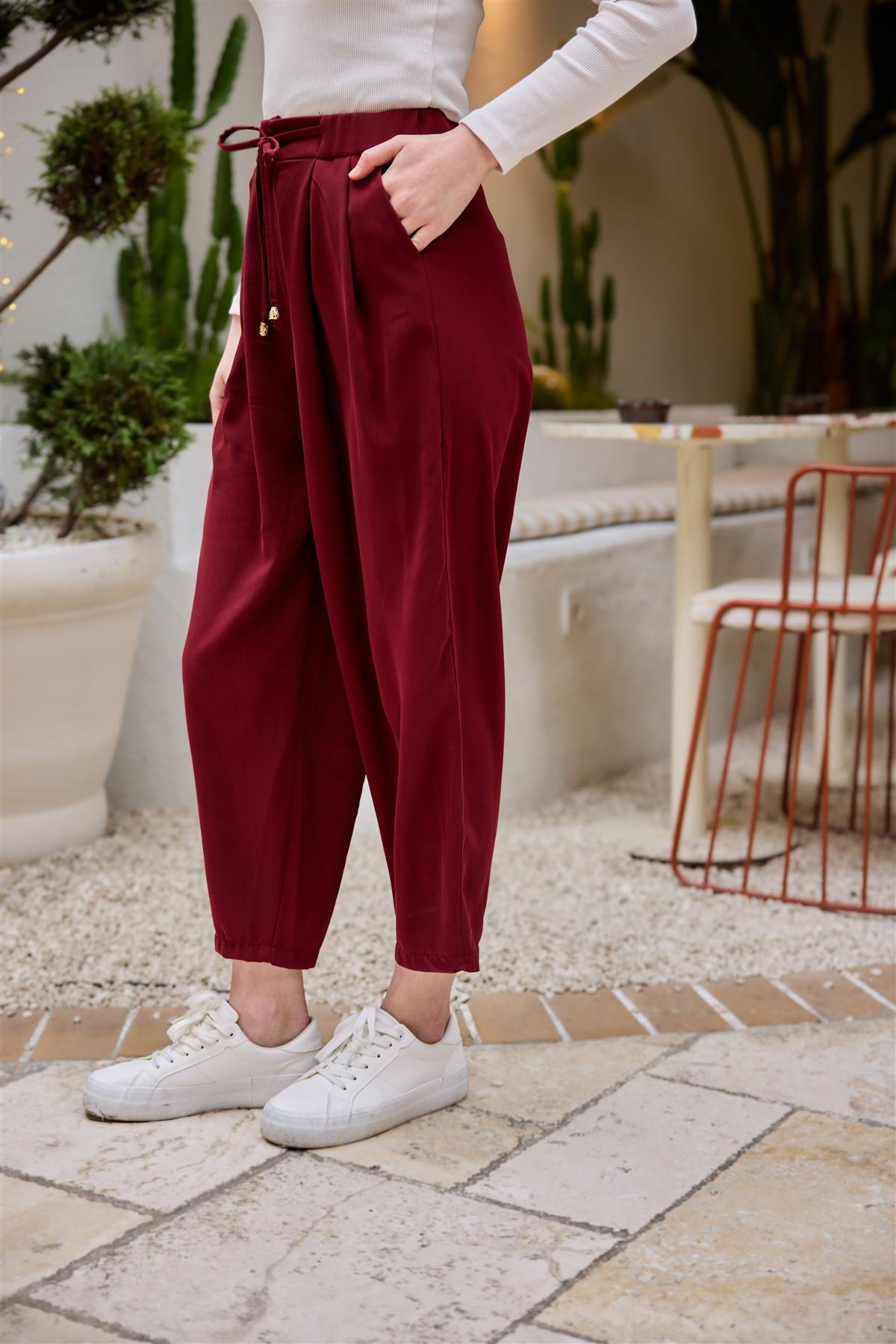 Beli Lastikli  Havuç Pantolon Bordo