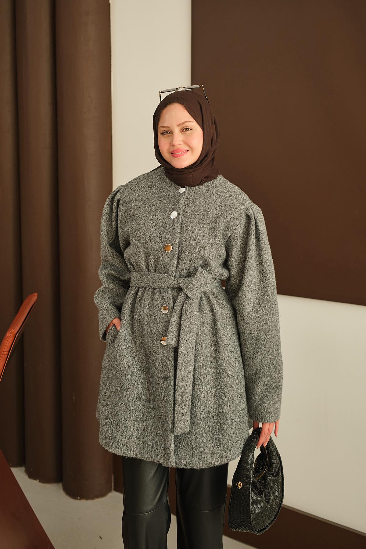 Beli Lastikli Peluş Kaşe Kaban Gri