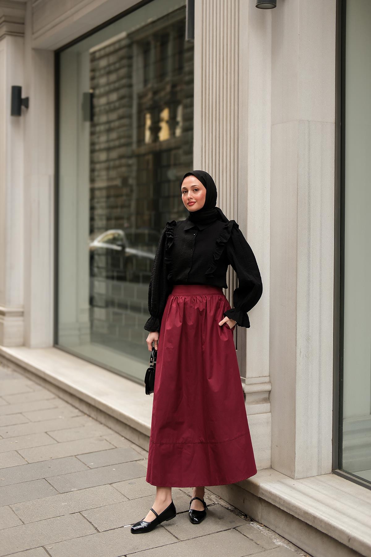 Beli Lastikli Poplin Etek Bordo