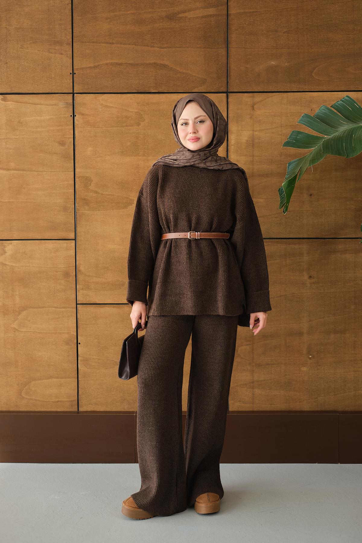 Beli Lastikli Triko Takım Kahverengi