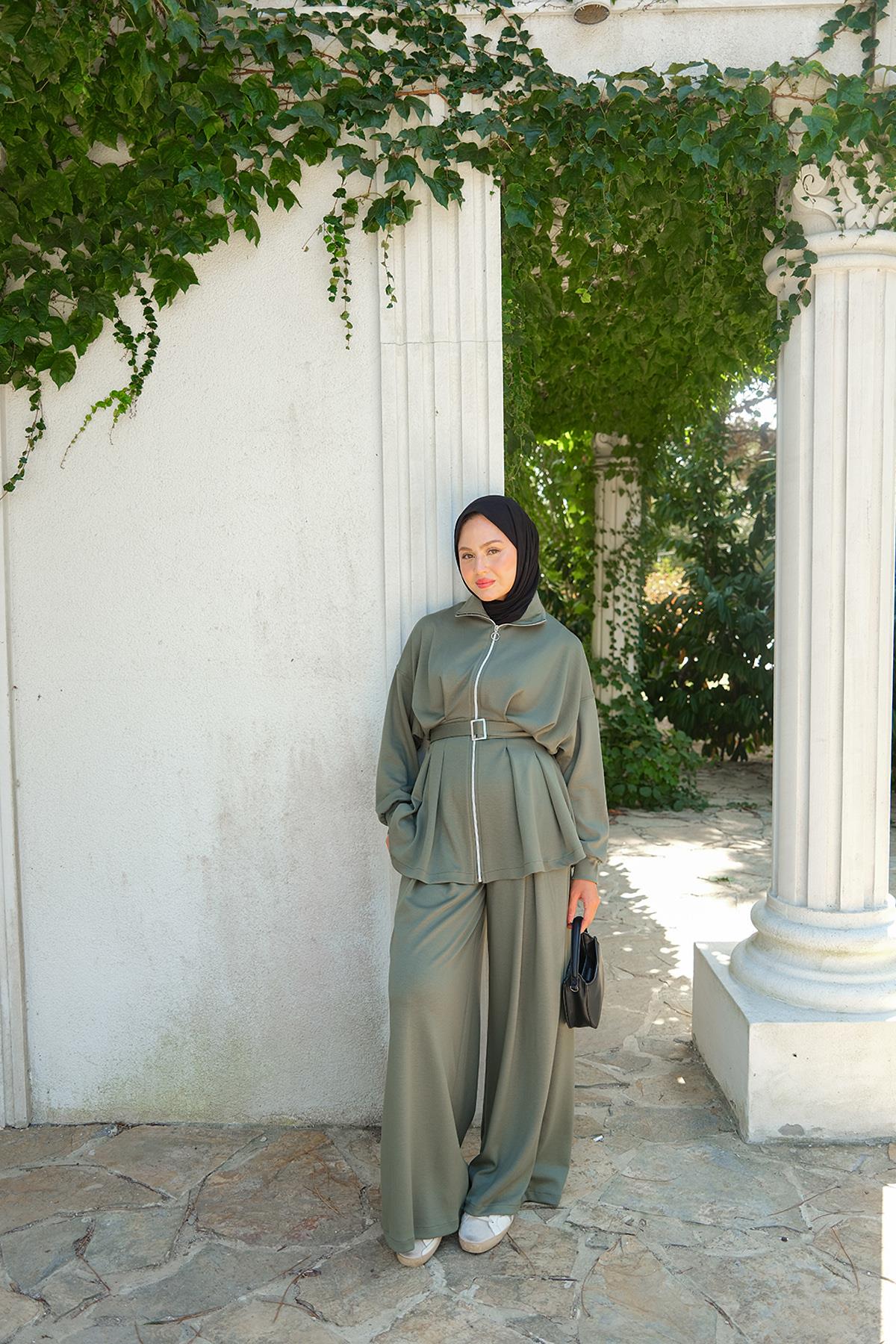 Beli Pile Detaylı Takım Yeşil