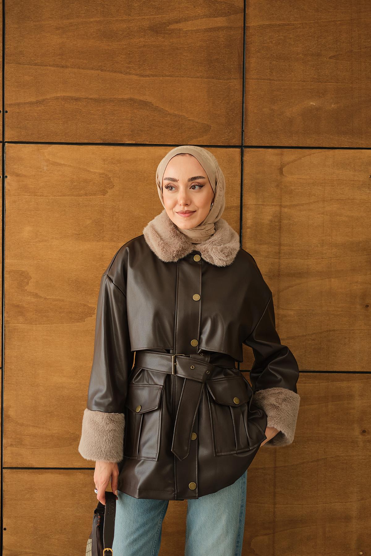 Bilek Ve Yaka Kürklü Deri Ceket Kahverengi