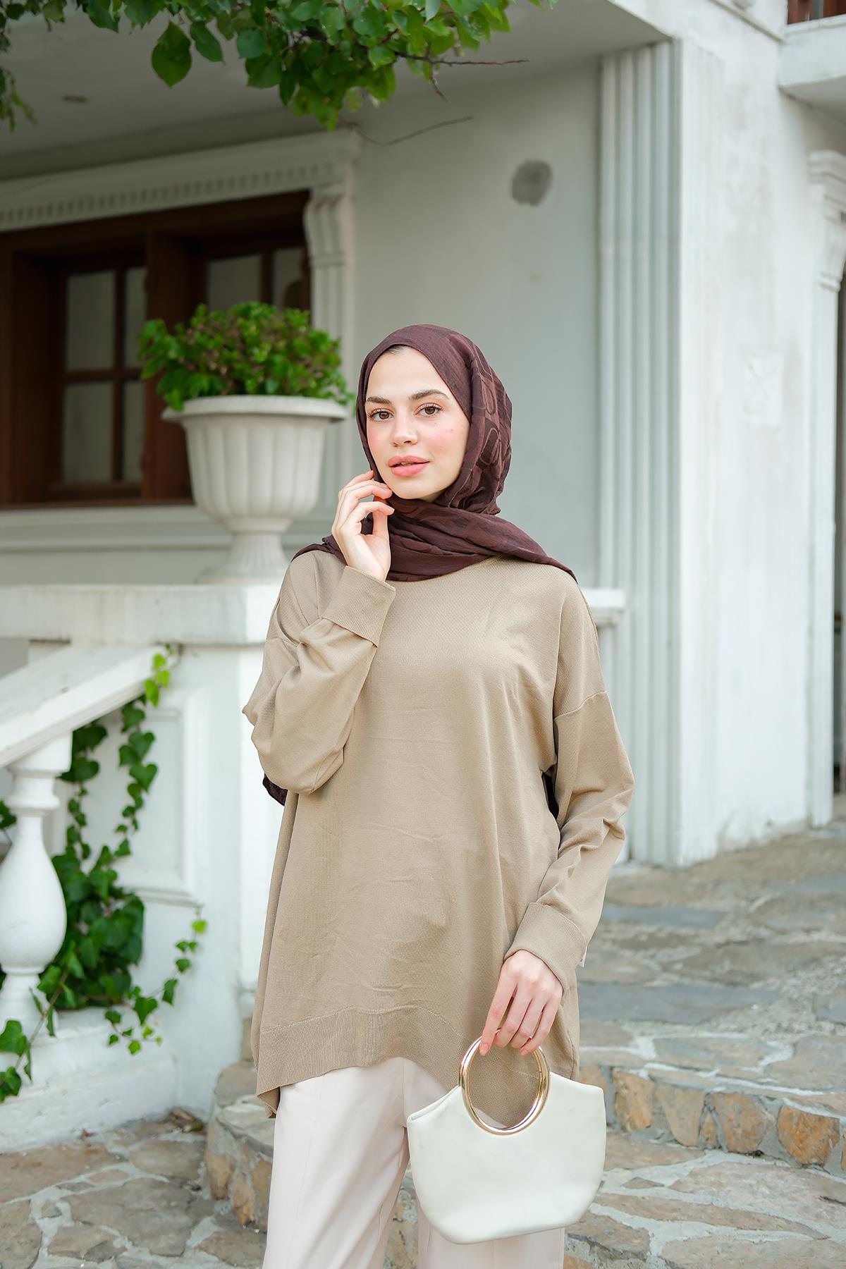 Bisiklet Yaka Oversize Triko Kazak  Vizon