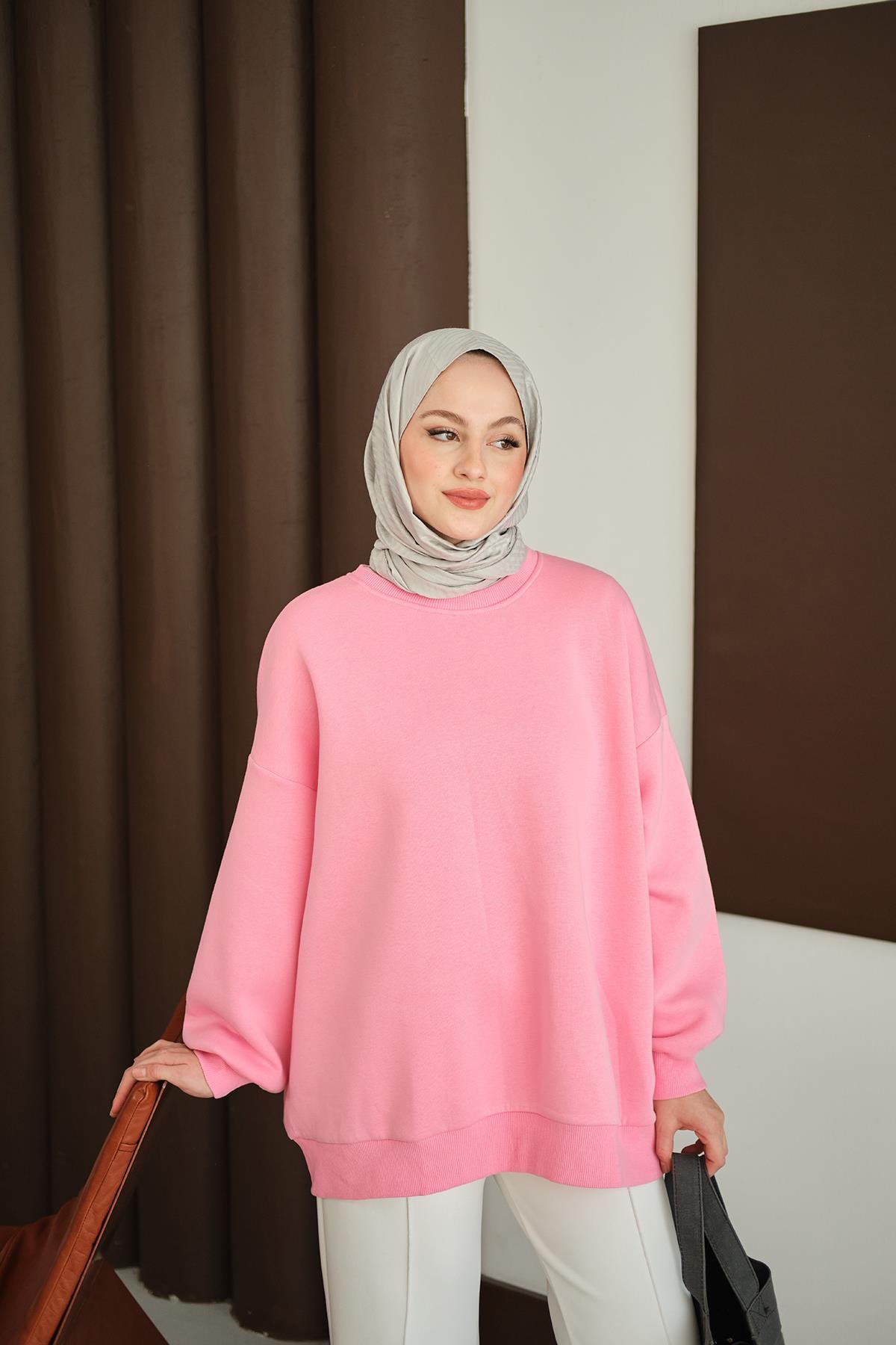 Bisiklet Yaka Sweat Pembe