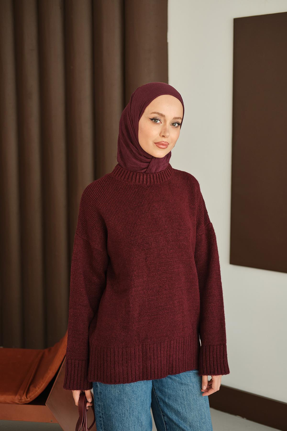 Bisiklet Yaka Triko Tunik Bordo