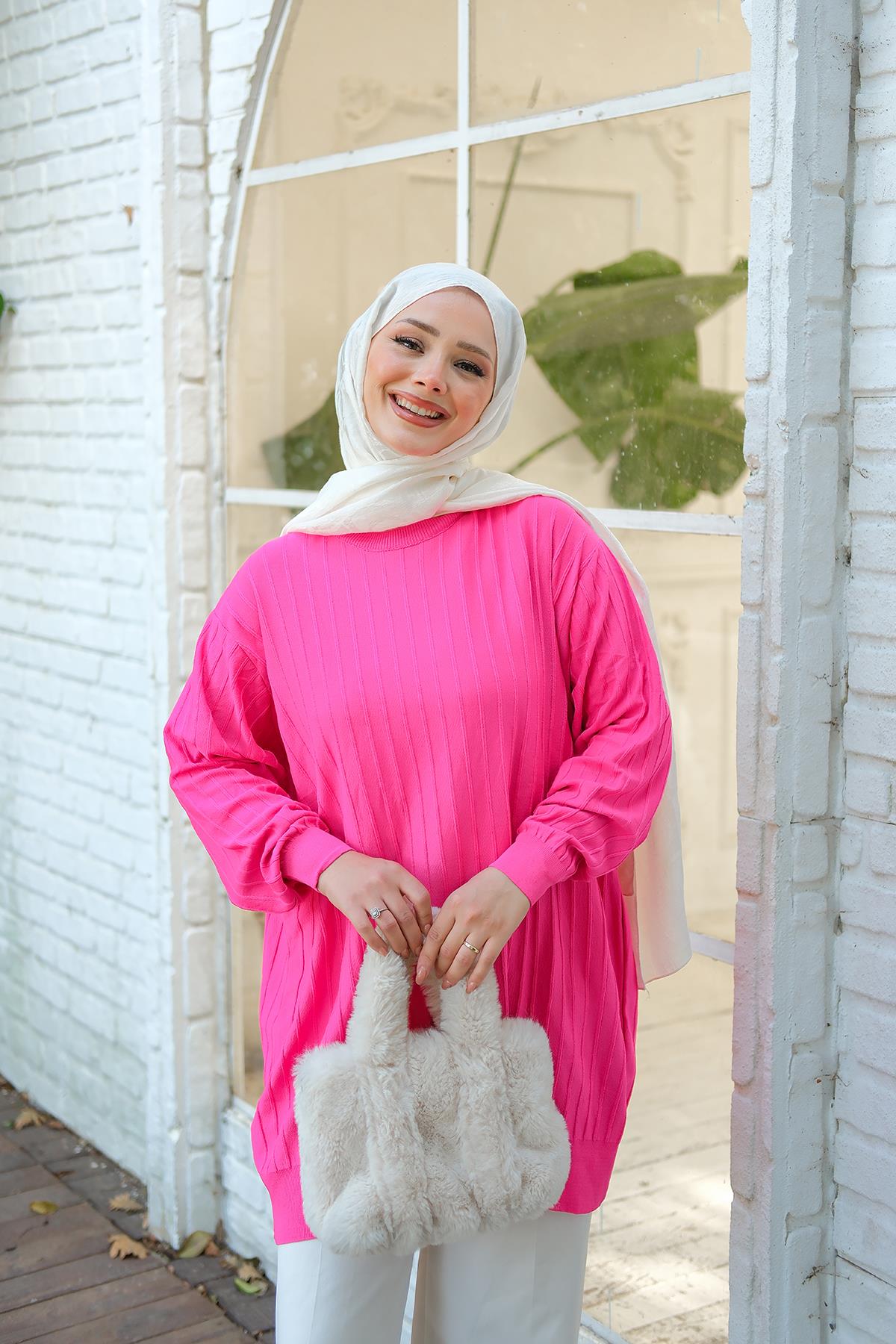 Bisiklet Yaka Tunik Fuşya