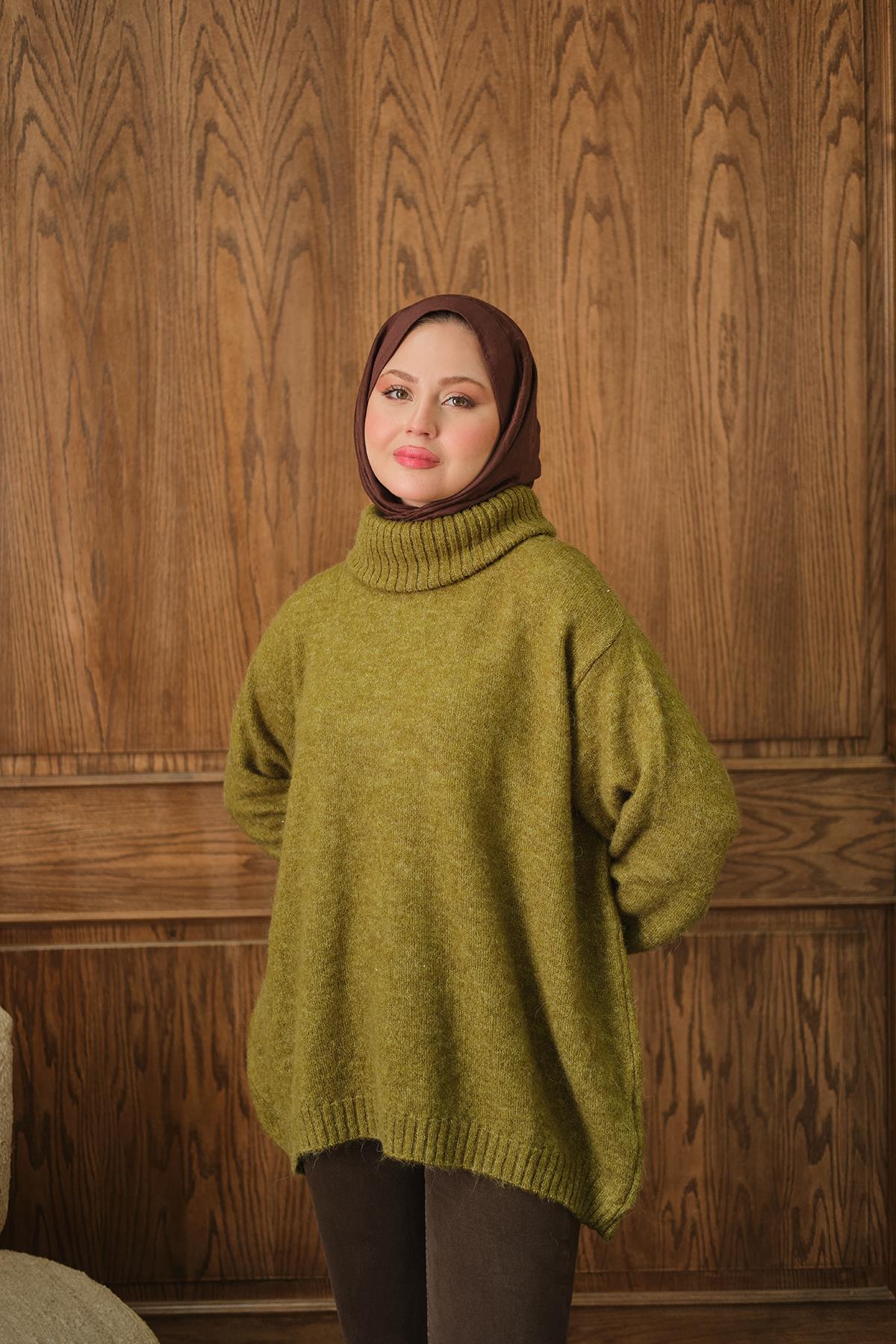 Boğazlı Triko Kazak Yağ Yeşil