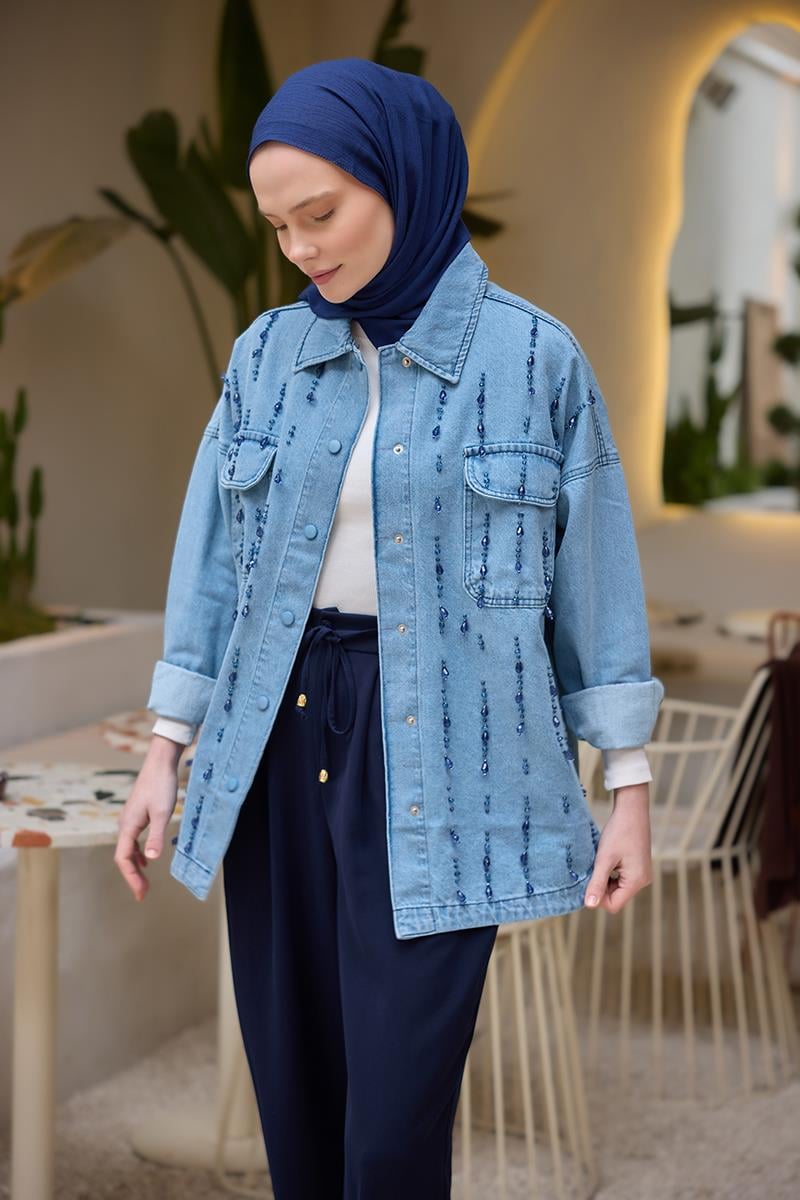 Boncuk İşlemeli Jean Ceket  Buz Mavi