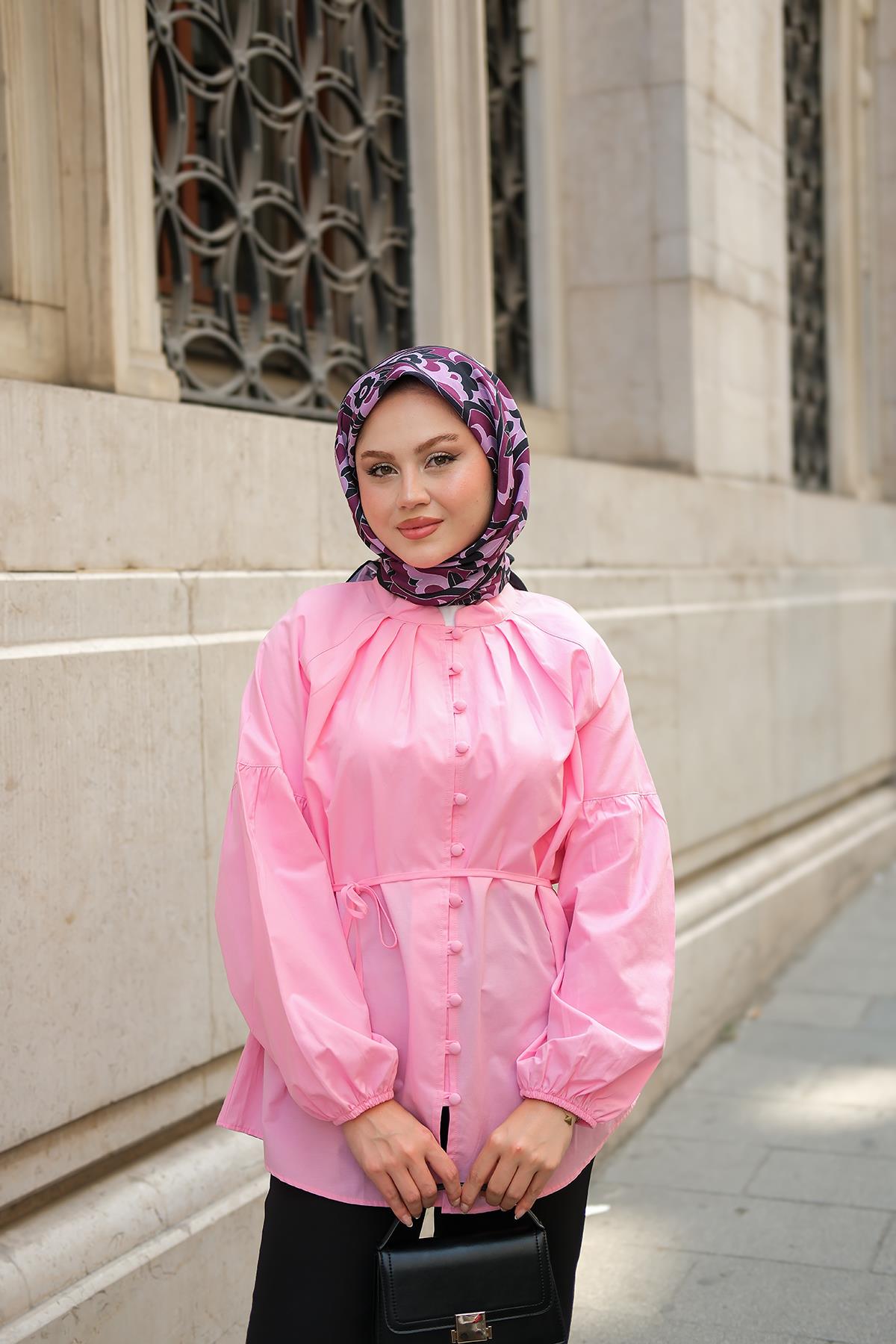 Brit Düğme Detaylı Gömlek Pembe