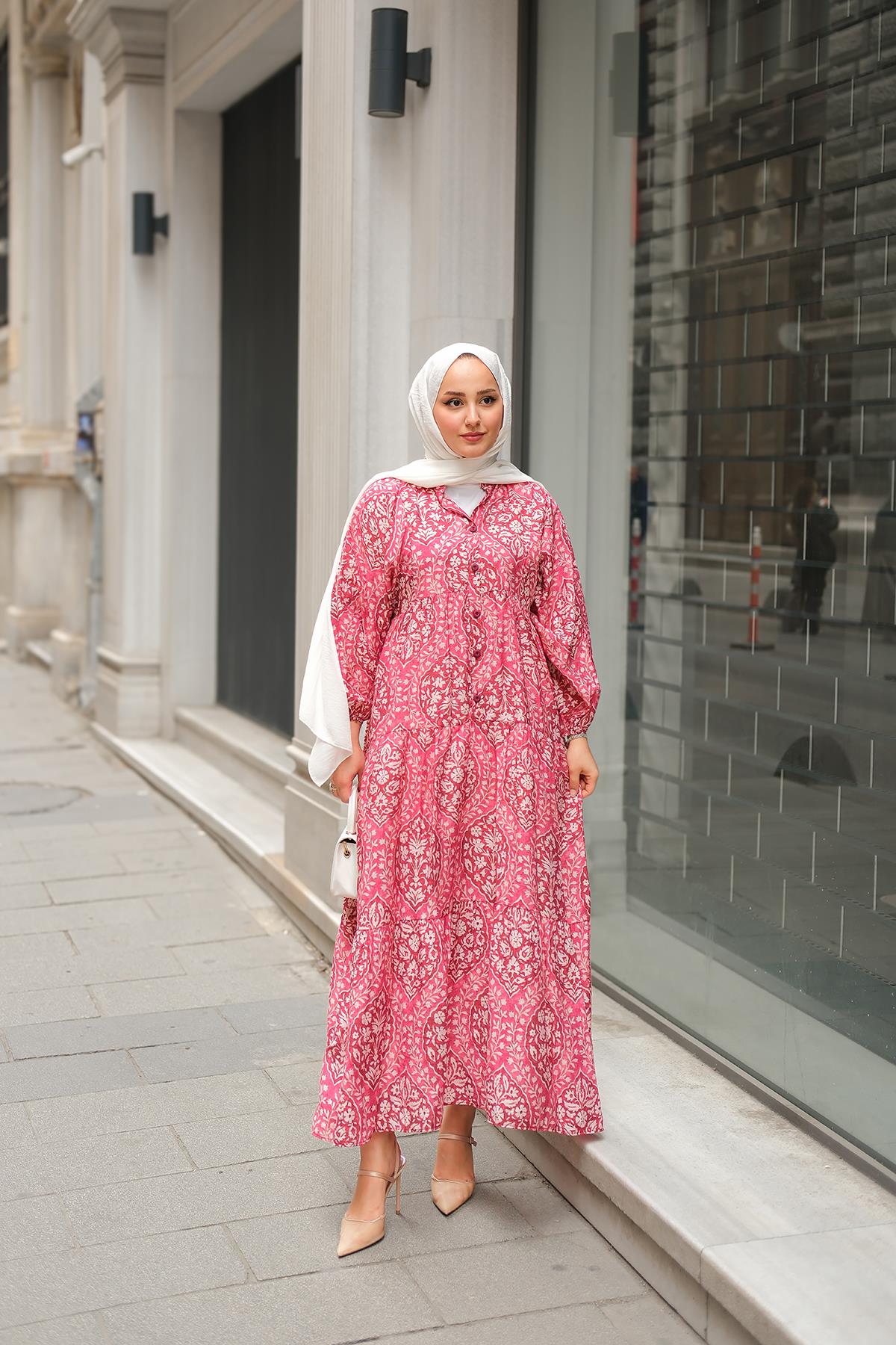 Buğlem Desenli Elbise Fuşya