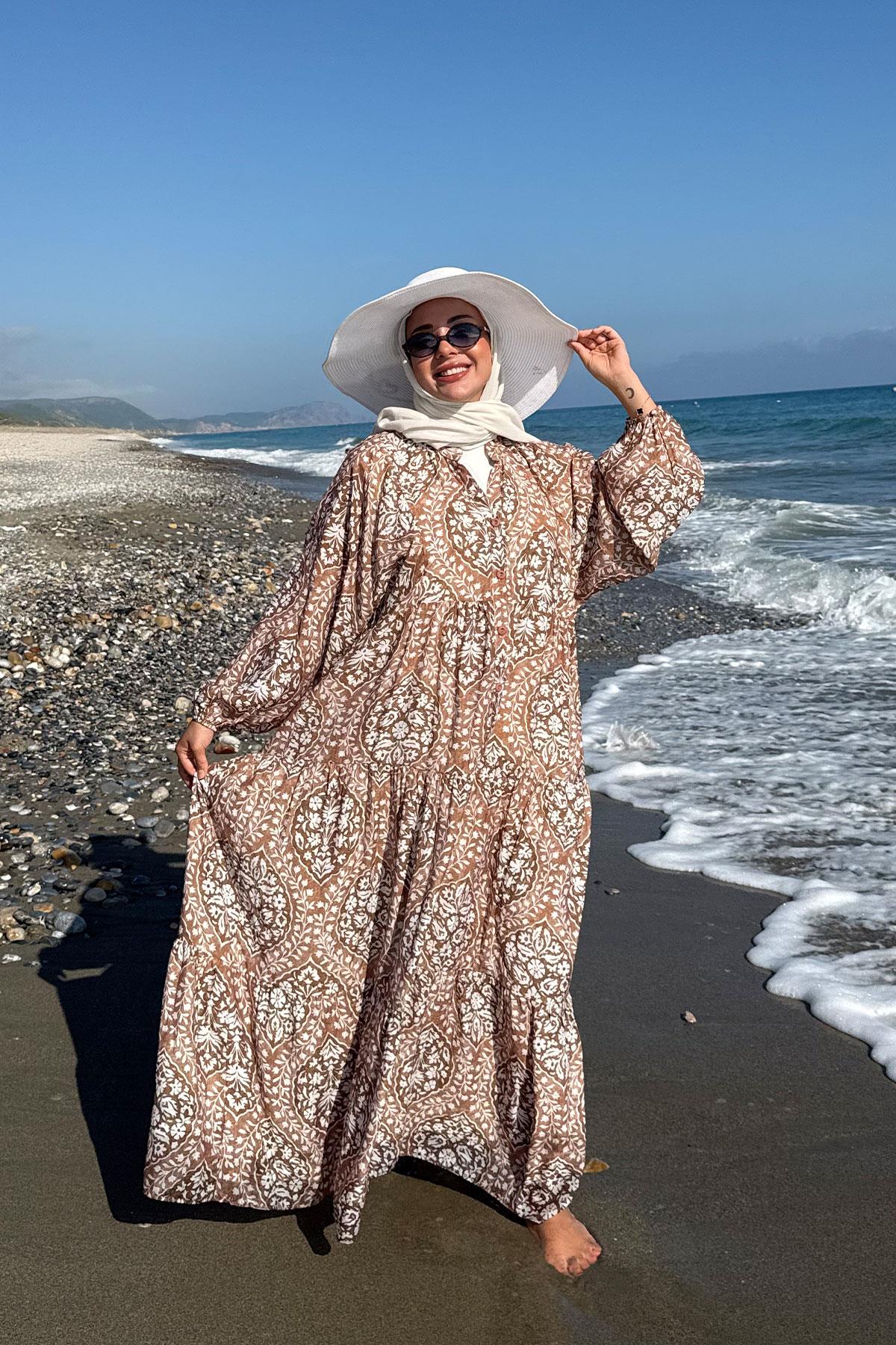 Buğlem Desenli Elbise Kahverengi