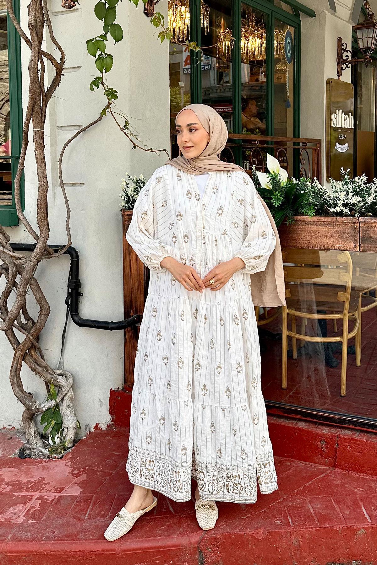 Buket Desenli Elbise Beyaz