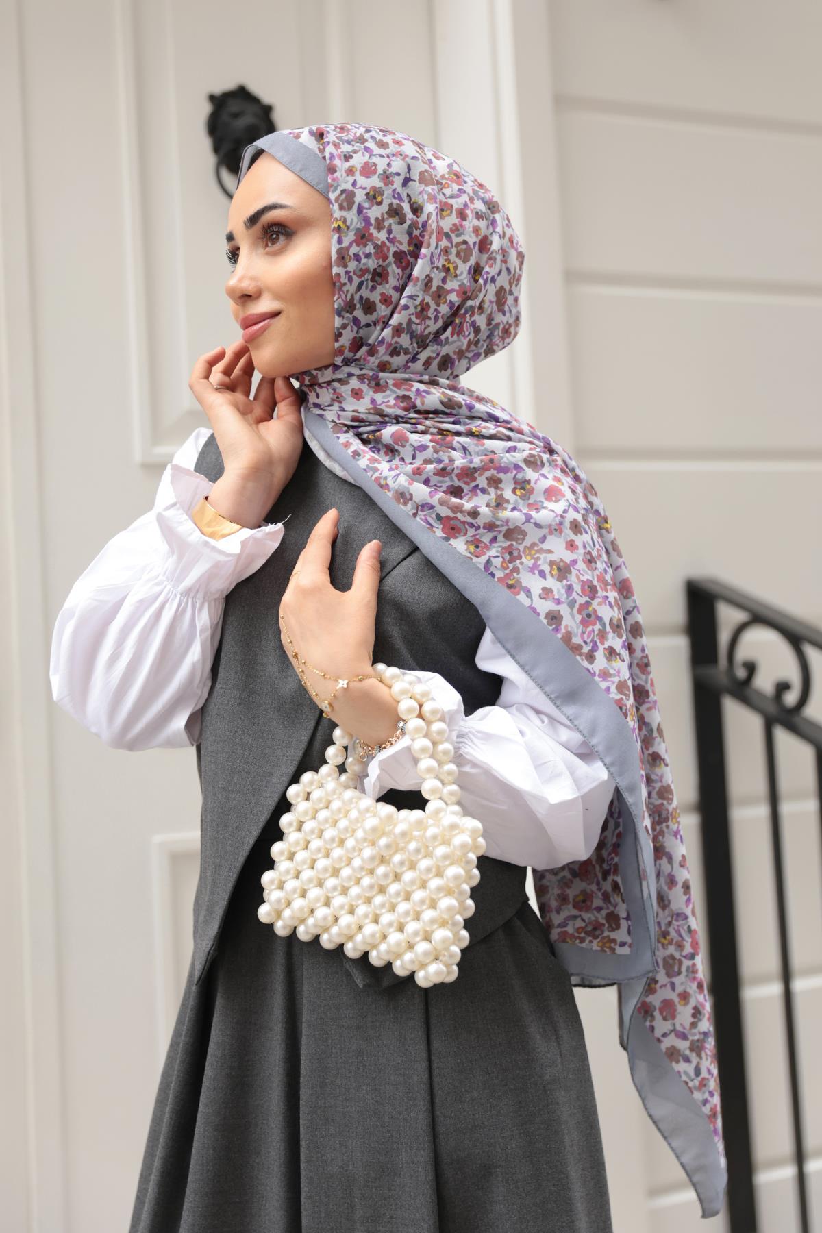 Çicek Desen Soft Şal Gri