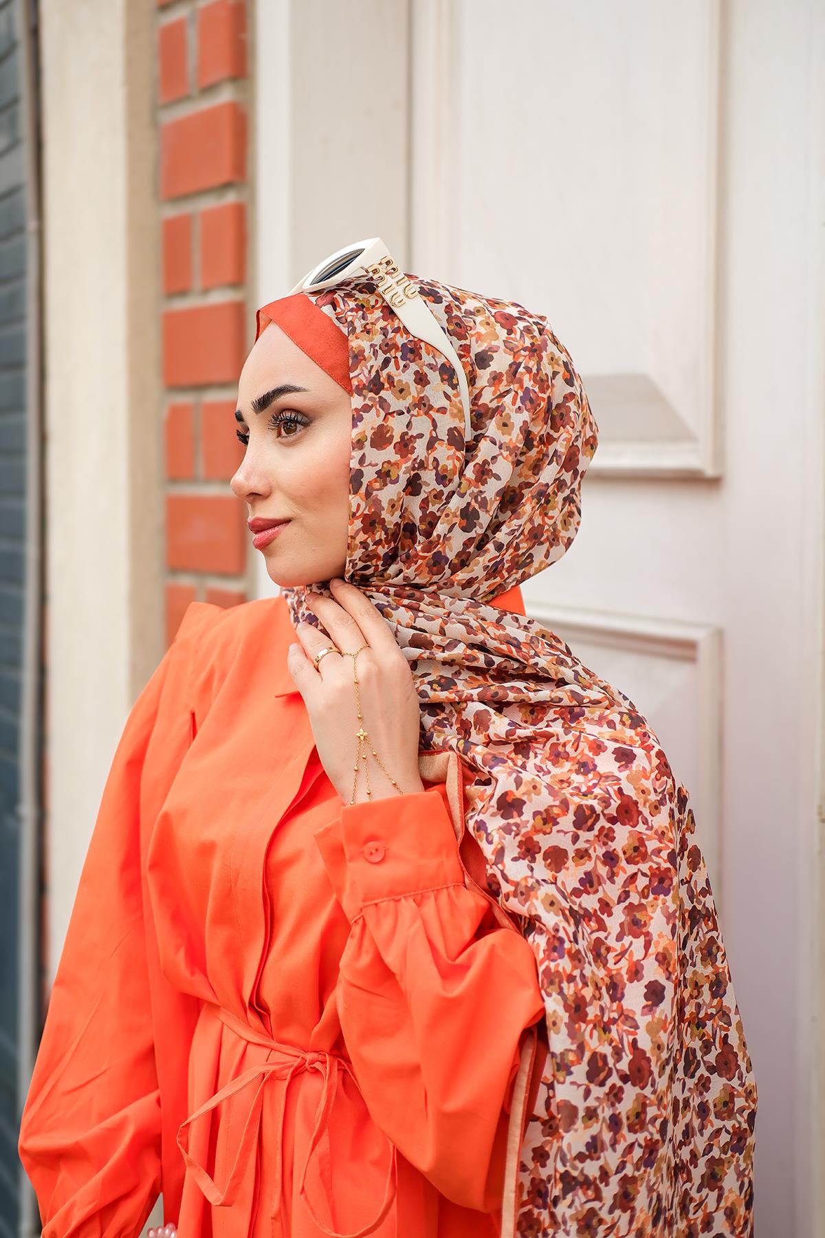 Çicek Desen Soft Şal Kiremit