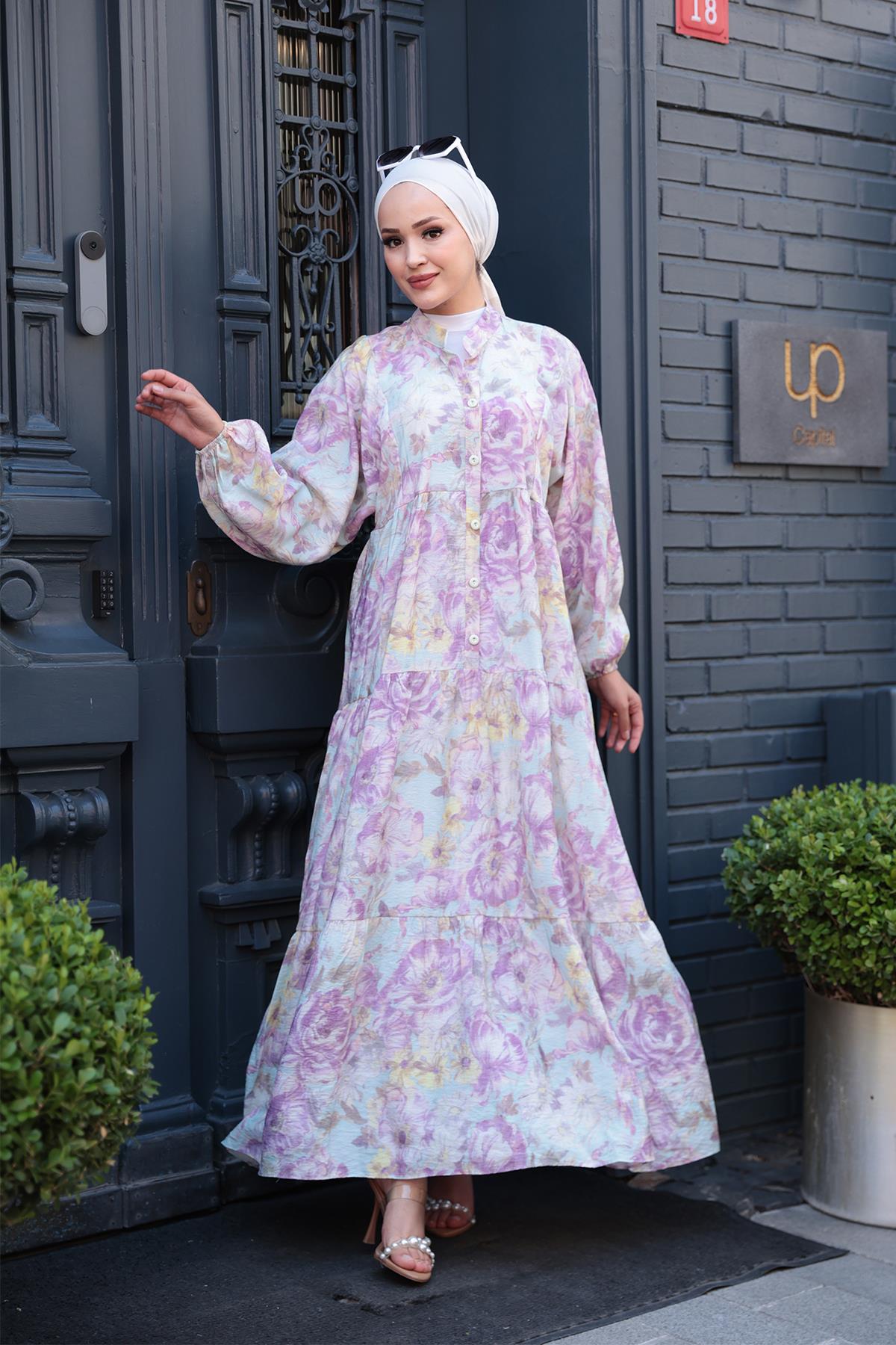 Çicek Desenli Elbise Mor