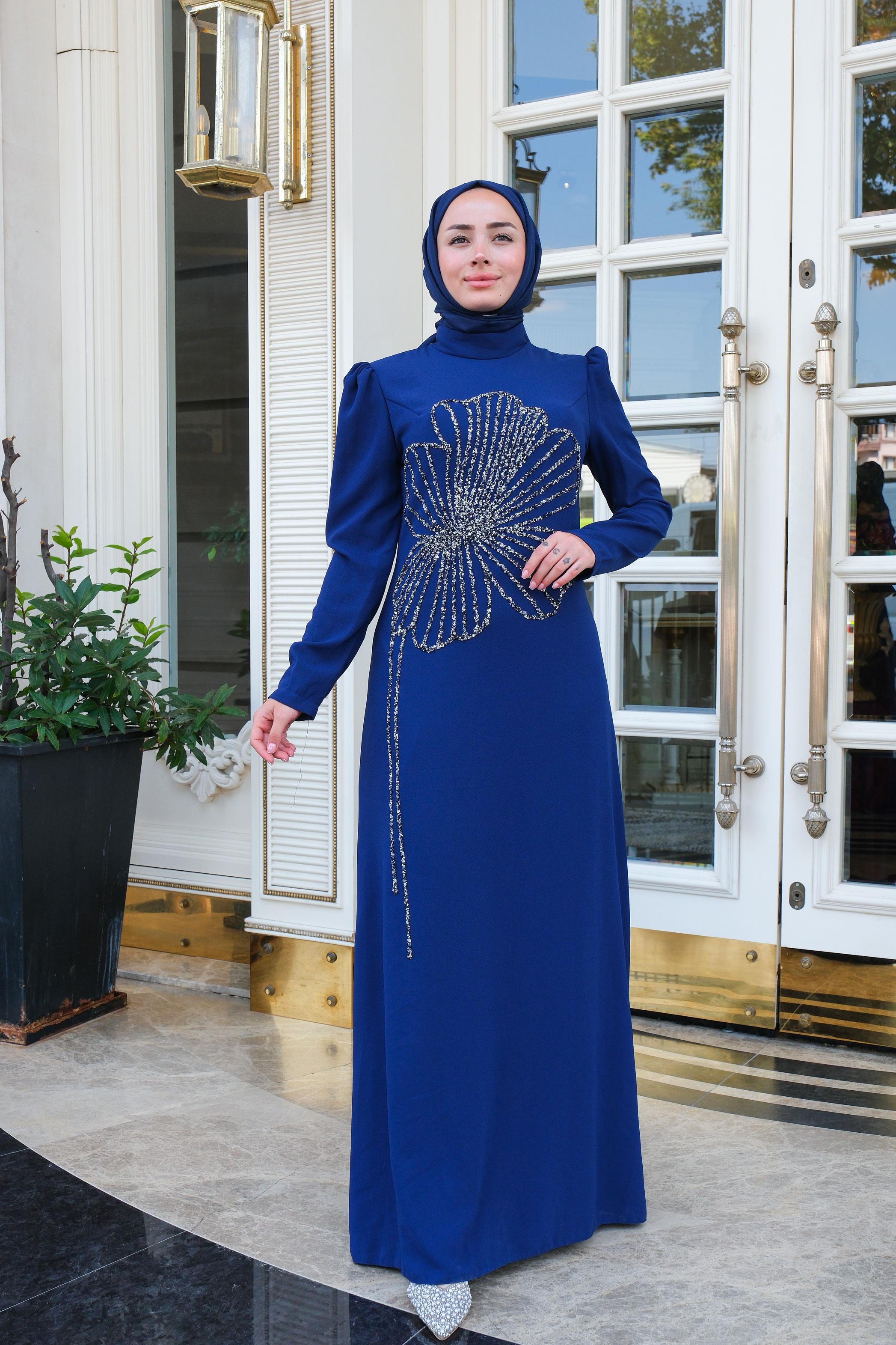 Çiçek Taş Aksesuarlı Abiye Saks Mavi