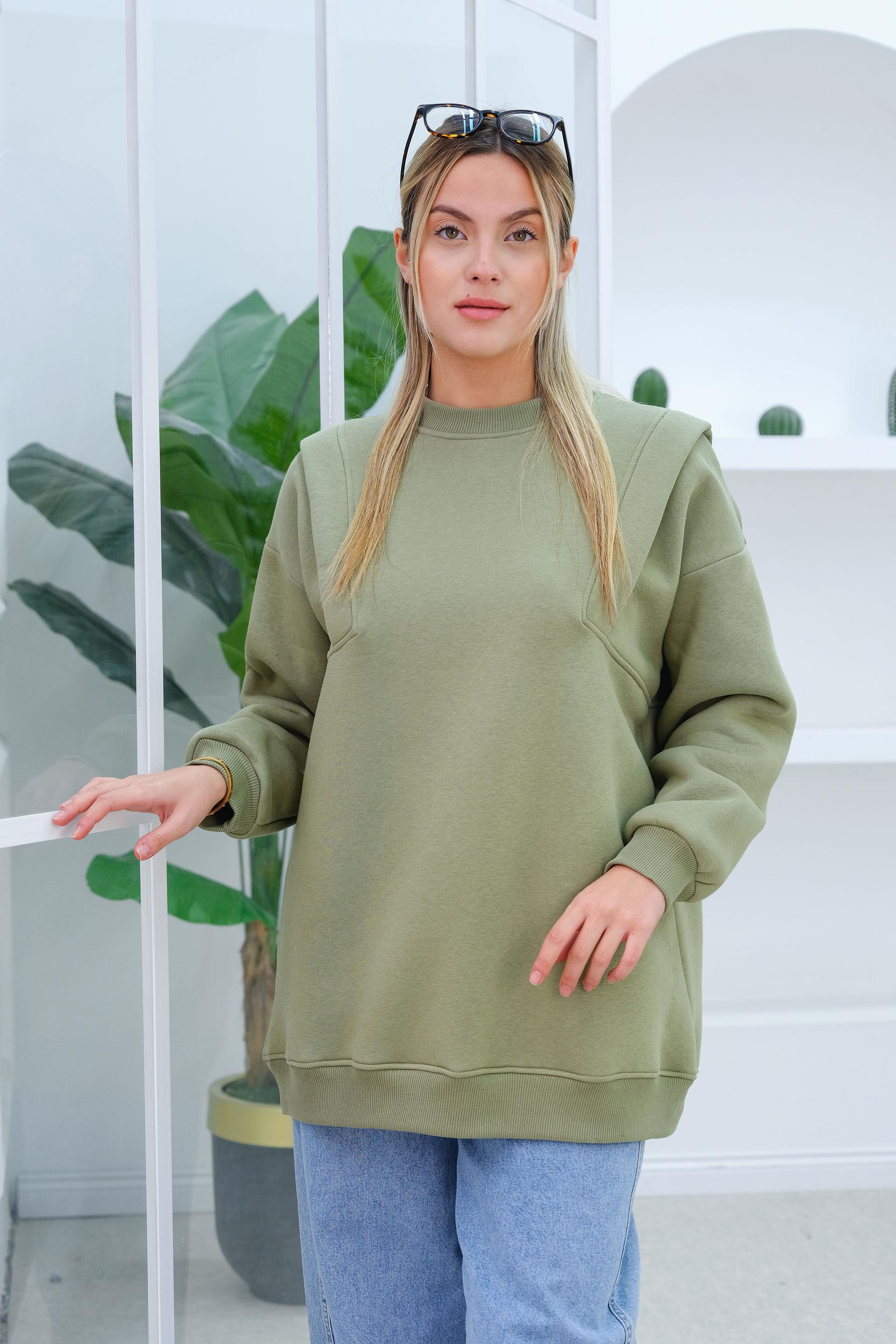 Çift Omuz Detaylı Sweat Yeşil