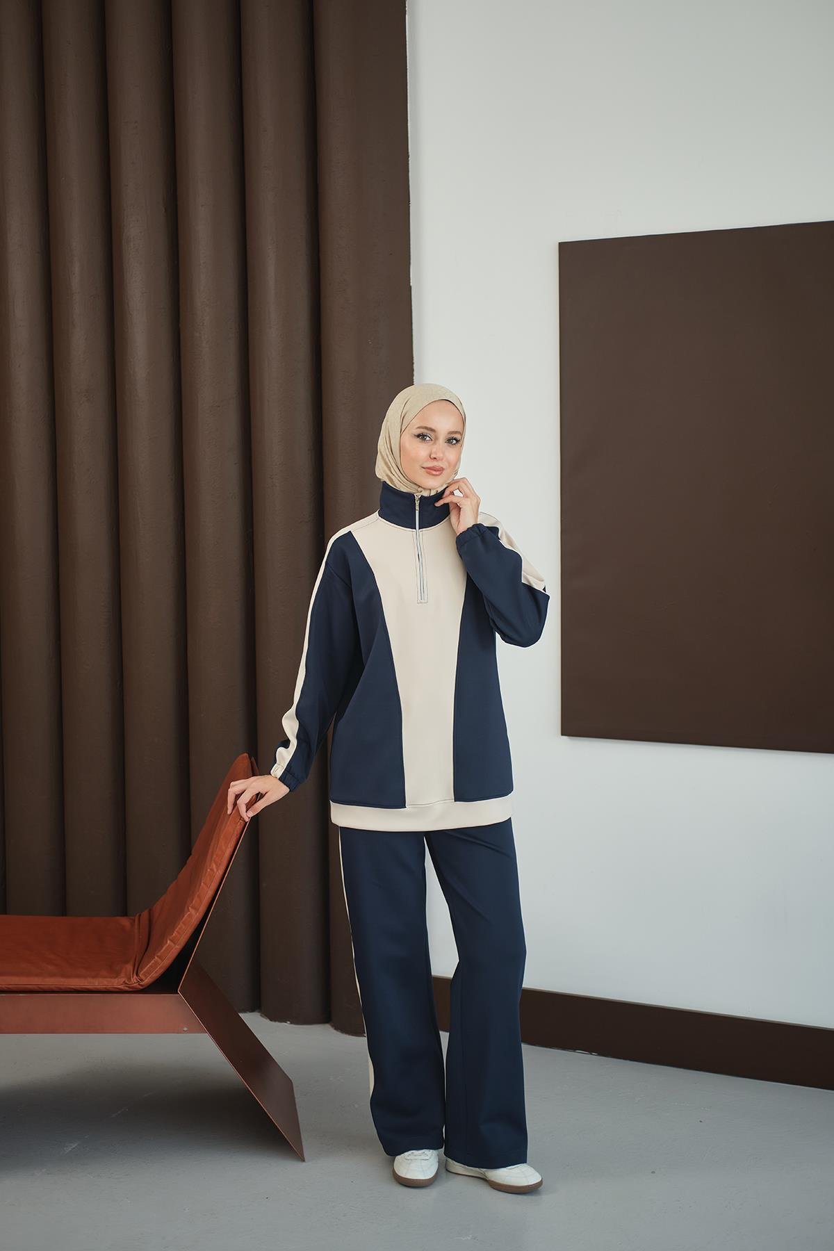 Çift Renk Fermuar Detay Takım Lacivert