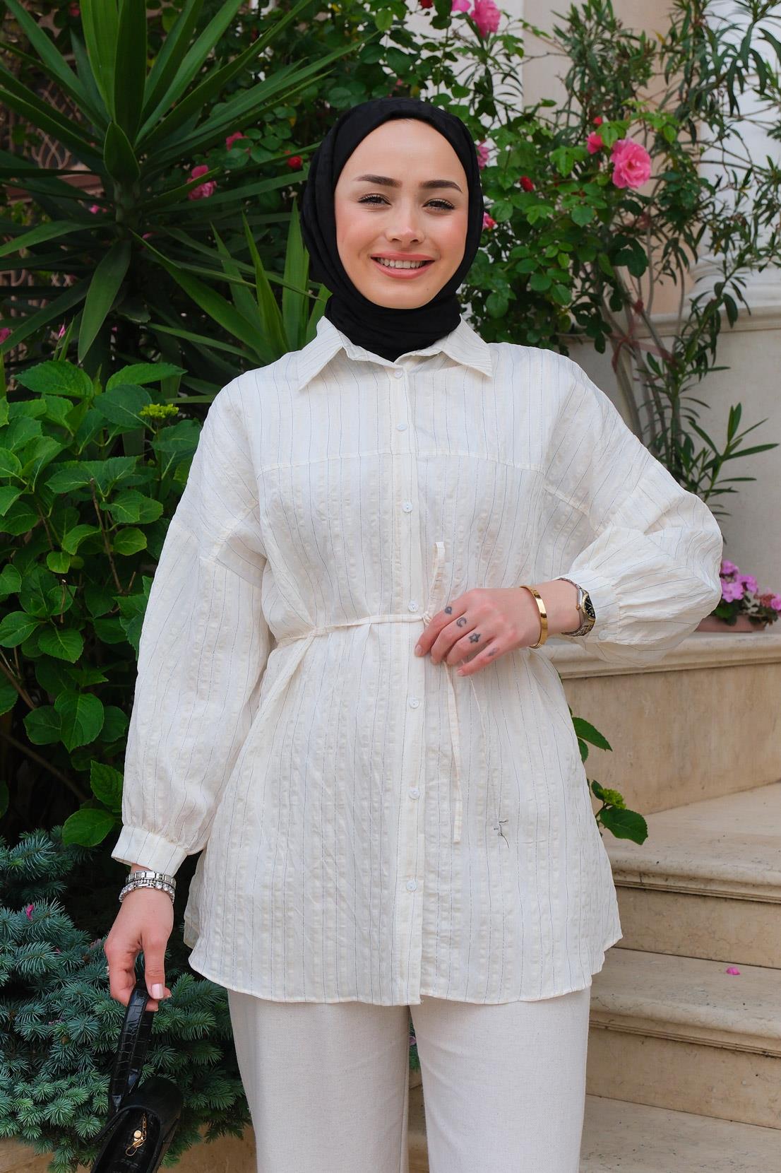 Çizgili Bel Bağlamalı Gömlek Bakır