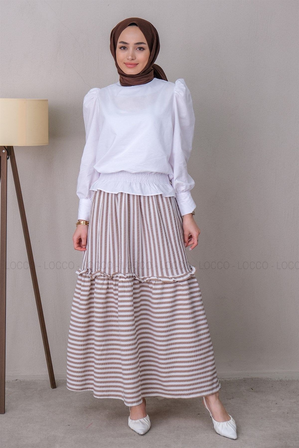 Uygun Fiyatlı CIZGILI GOFRE ETEK KAHVERENGI | Loccomoda.com 