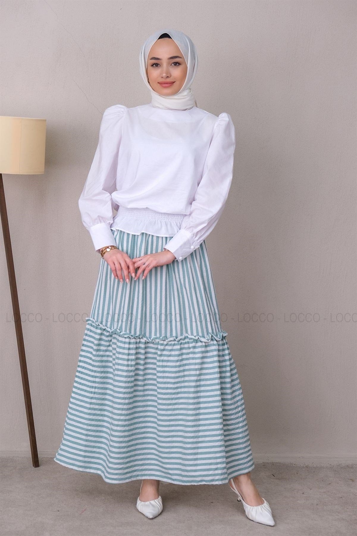 Uygun Fiyatlı CIZGILI GOFRE ETEK YESIL | Loccomoda.com 