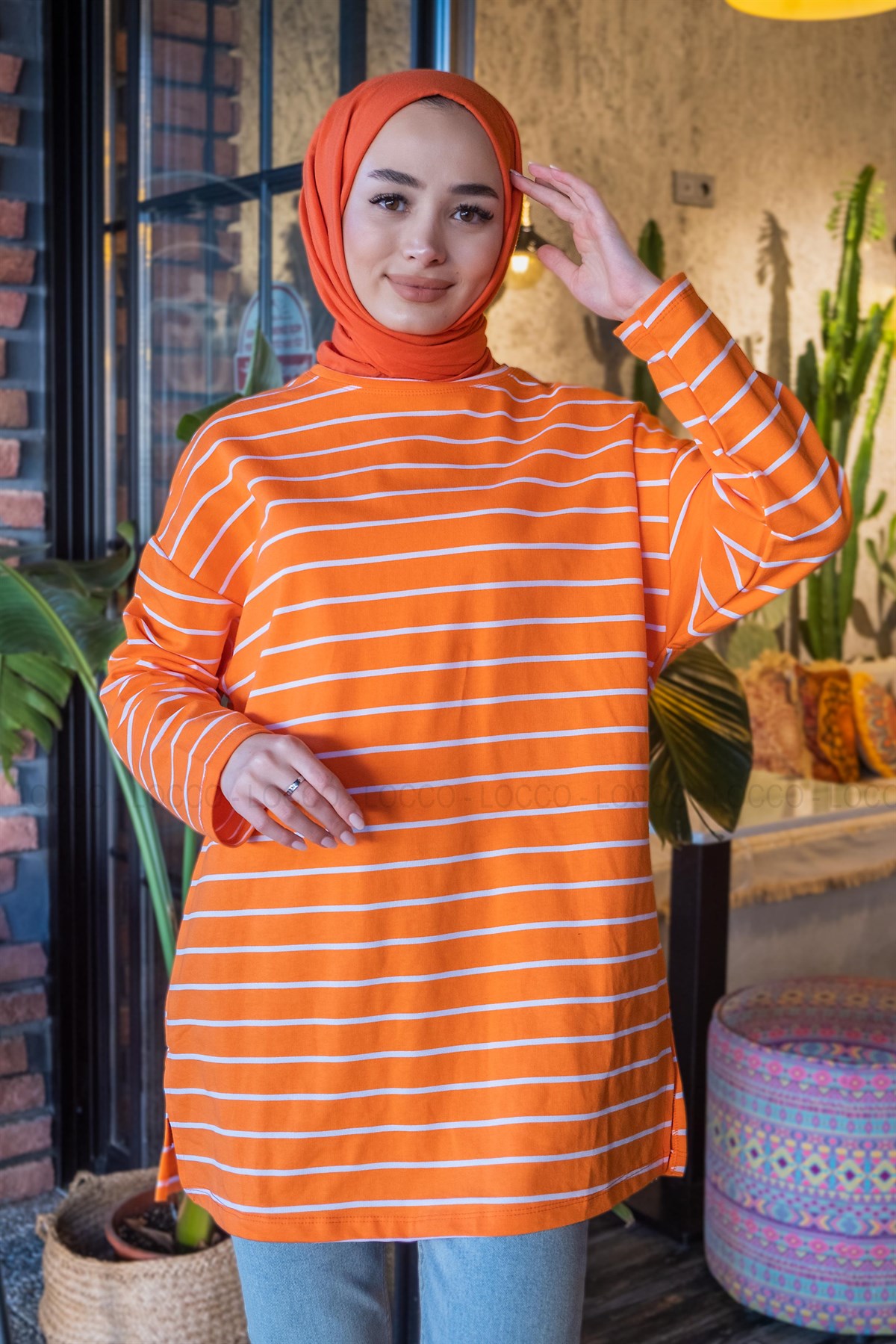 CIZGILI YAN YIRTMACLI TUNIK TURUNCU