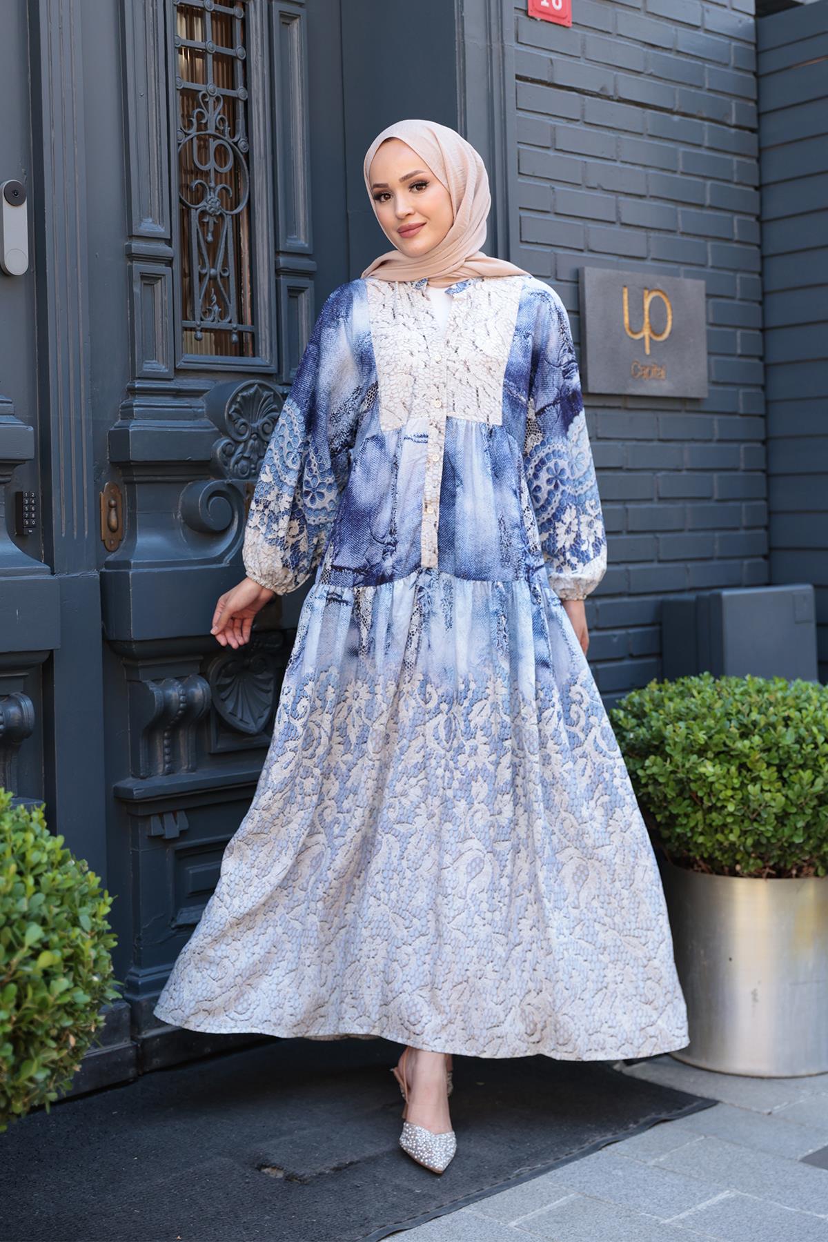 Dantel Desen Elbise Mavi