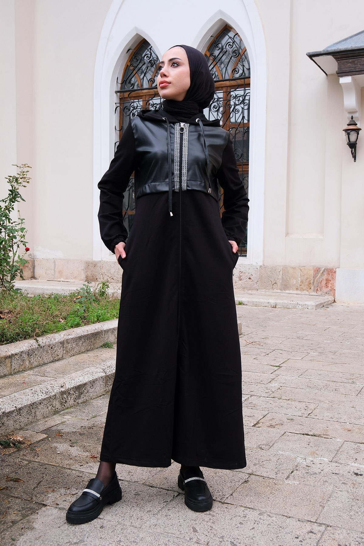 Deri Detaylı Fermuarlı Elbise Siyah