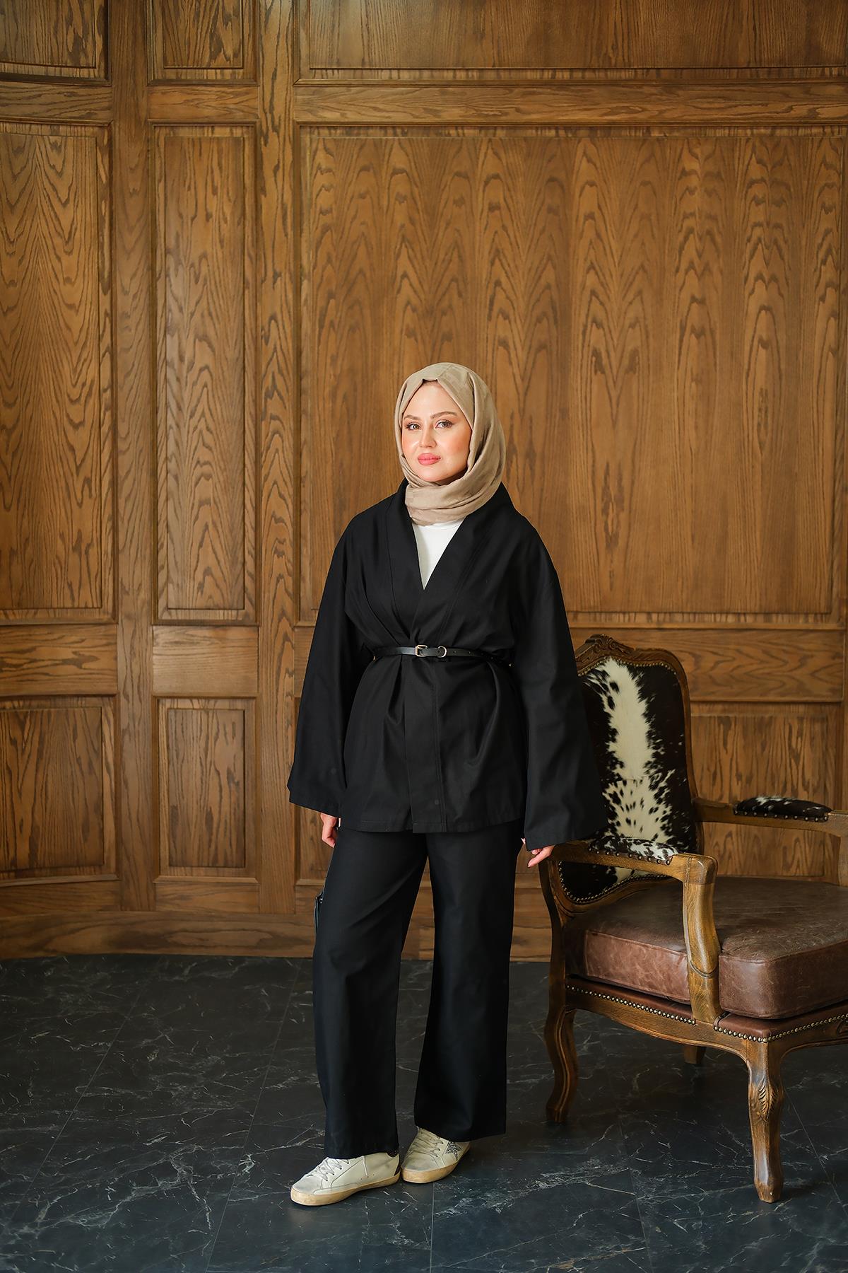 Deri Kemerli Kimono Takım Siyah