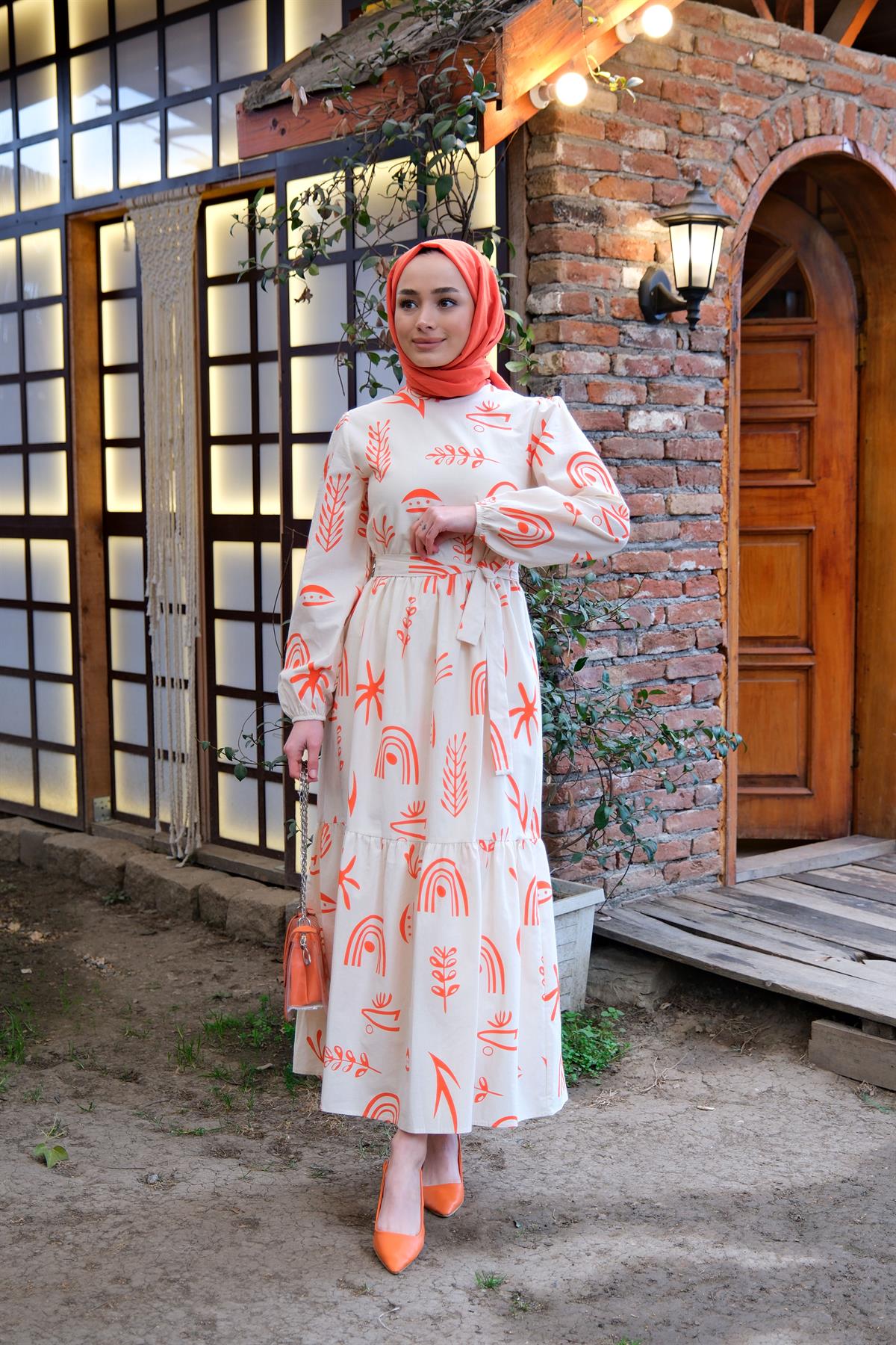 DESENLI KETEN ELBISE TURUNCU