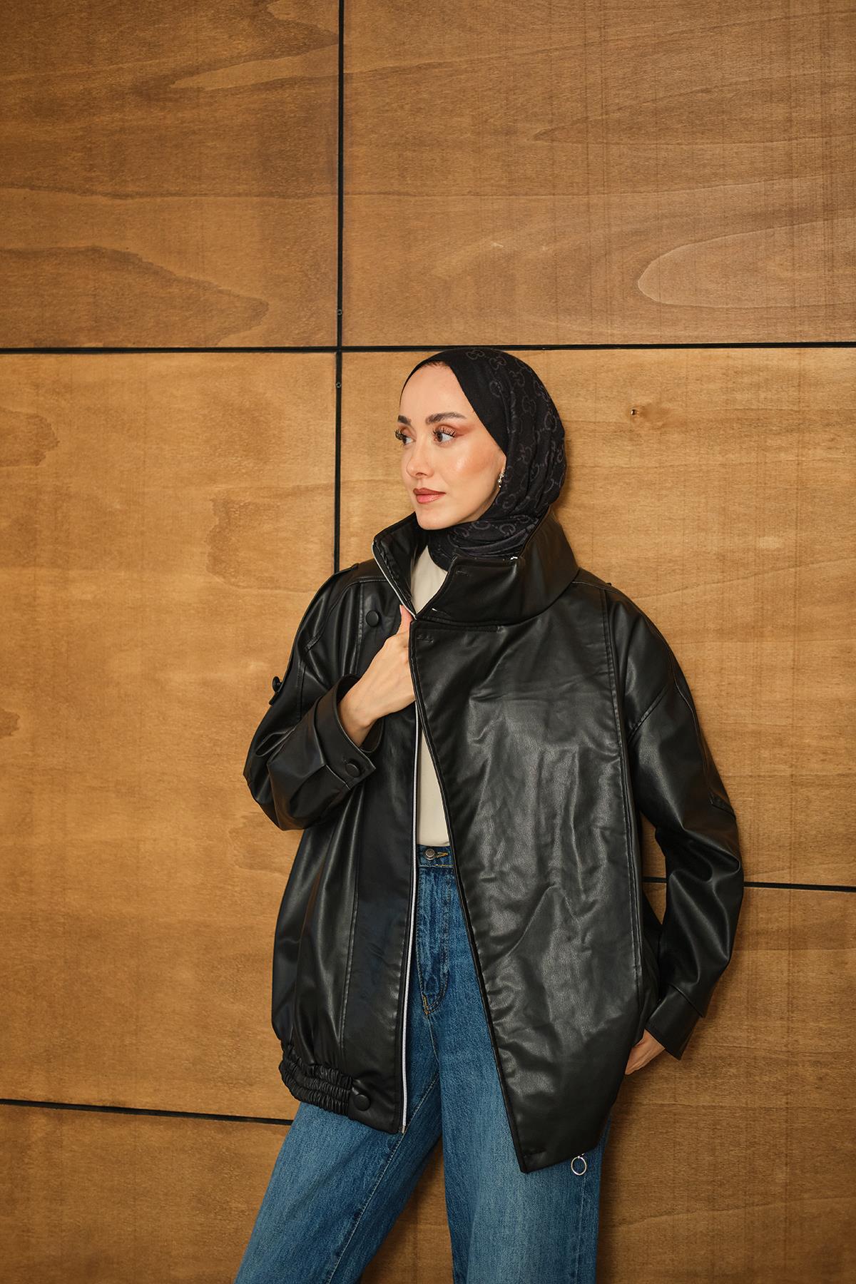 Dik Yaka Deri Ceket Siyah