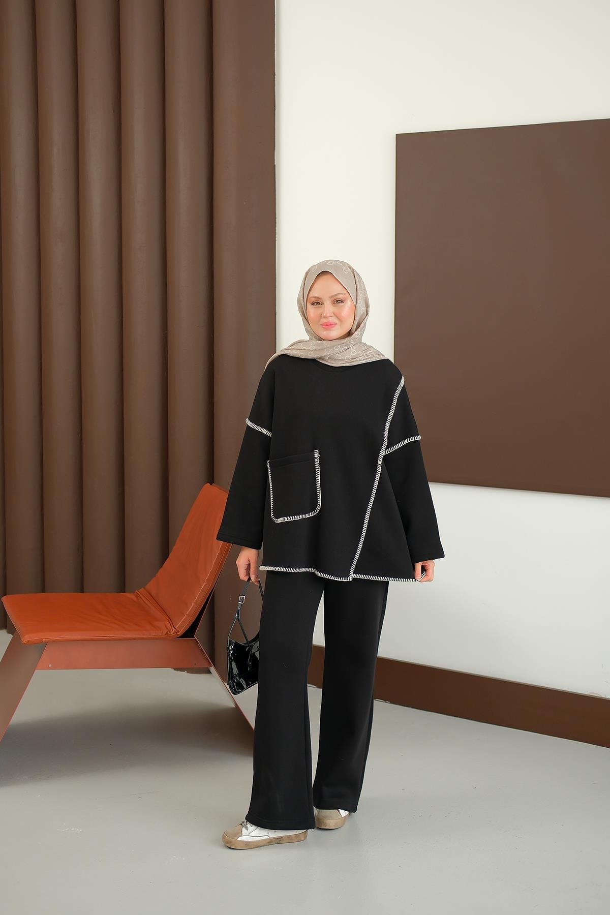 Dikiş Detay Cepli Takım Siyah