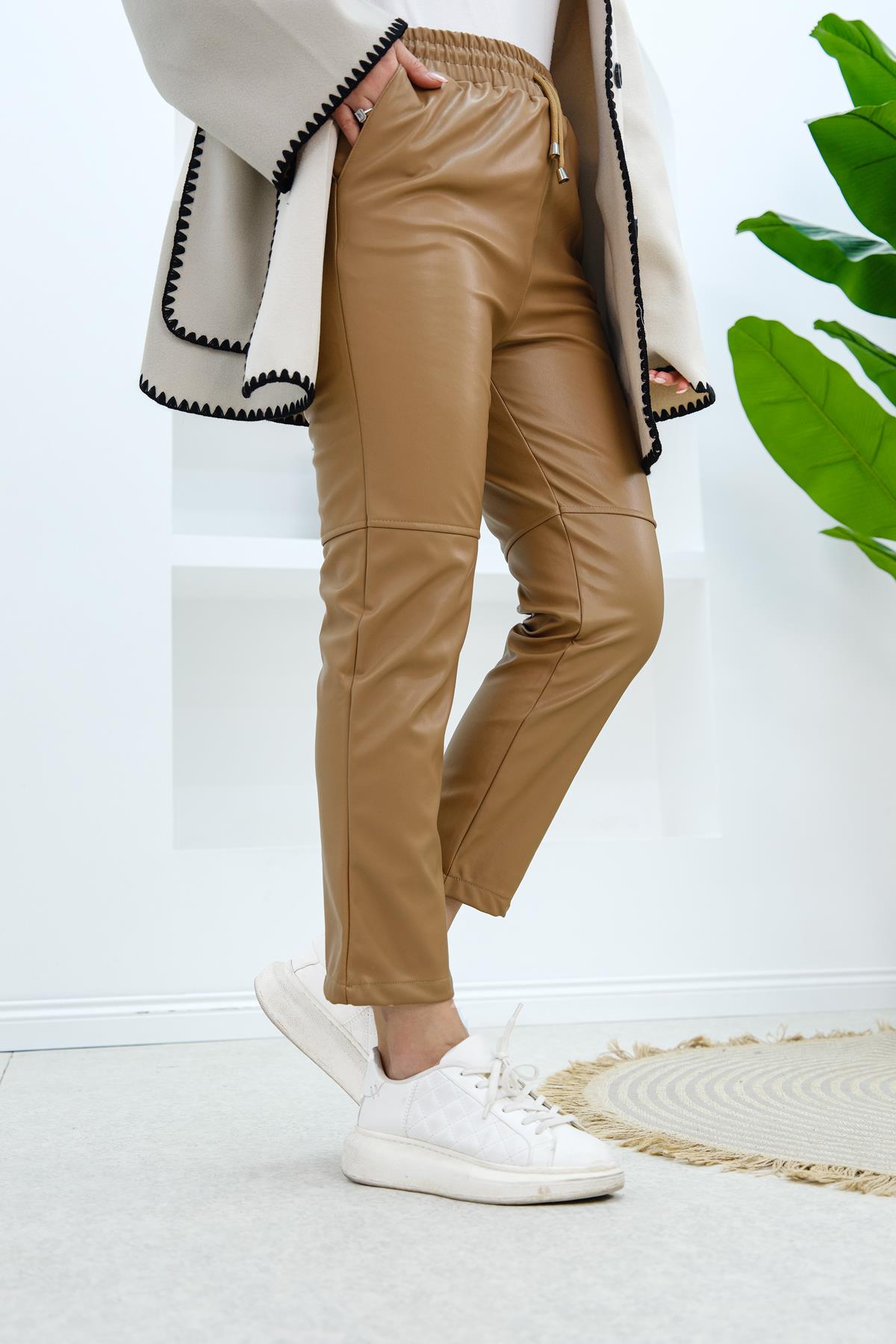 Dizi Dikişli Deri Pantolon Karamel