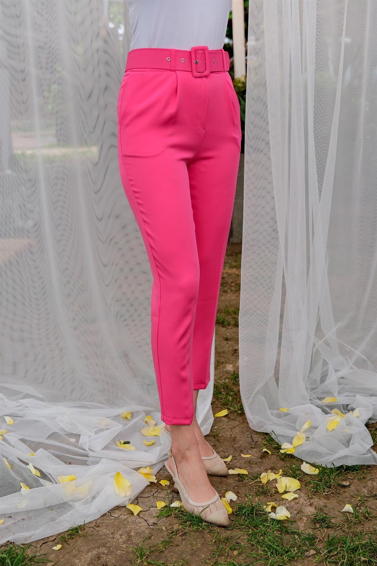 DUBLE KAPLAMA KEMERLI PANTOLON PEMBE