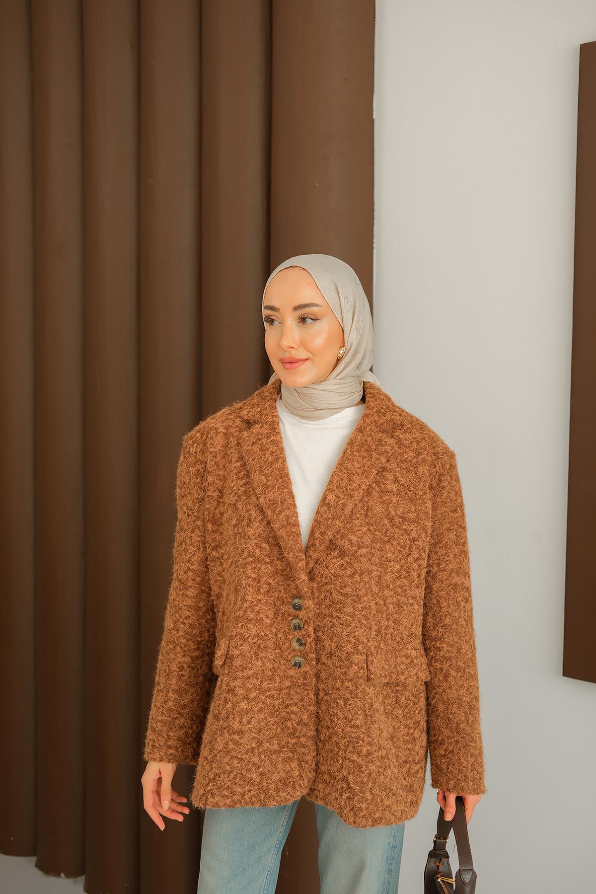 Düğme Detay Kırçıllı Ceket Kahverengi
