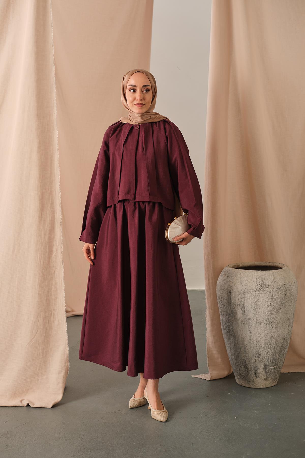 Düğme Detaylı Cupra Elbise Bordo