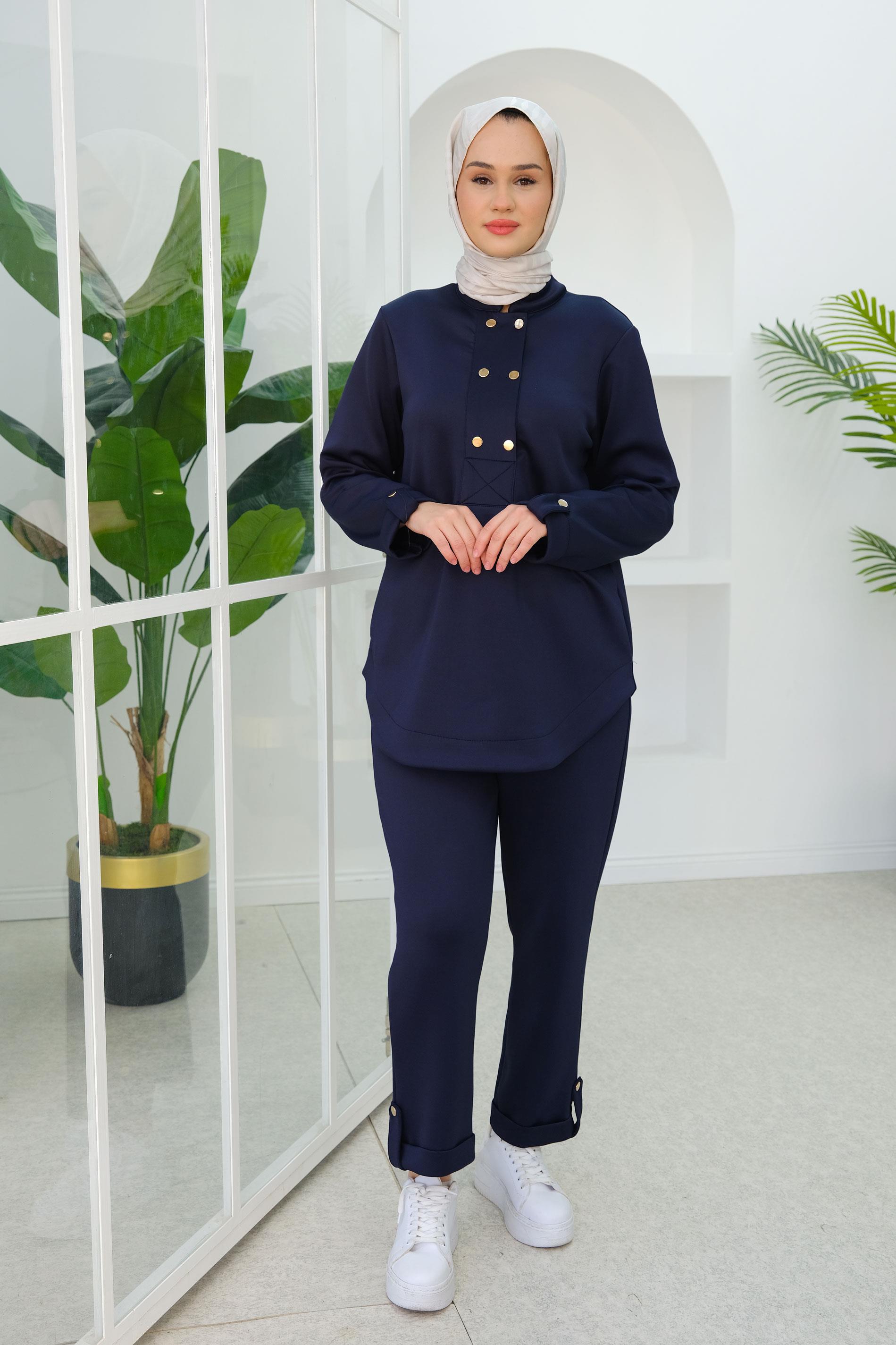 Düğme Detaylı Oval Kesim İkili Takım Lacivert