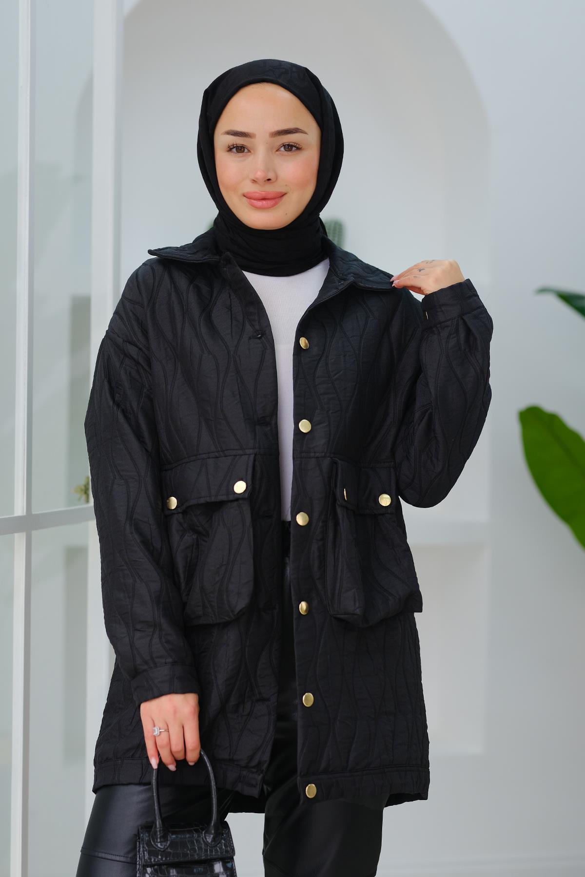 Düğmeli Dalga Desen Mont Siyah