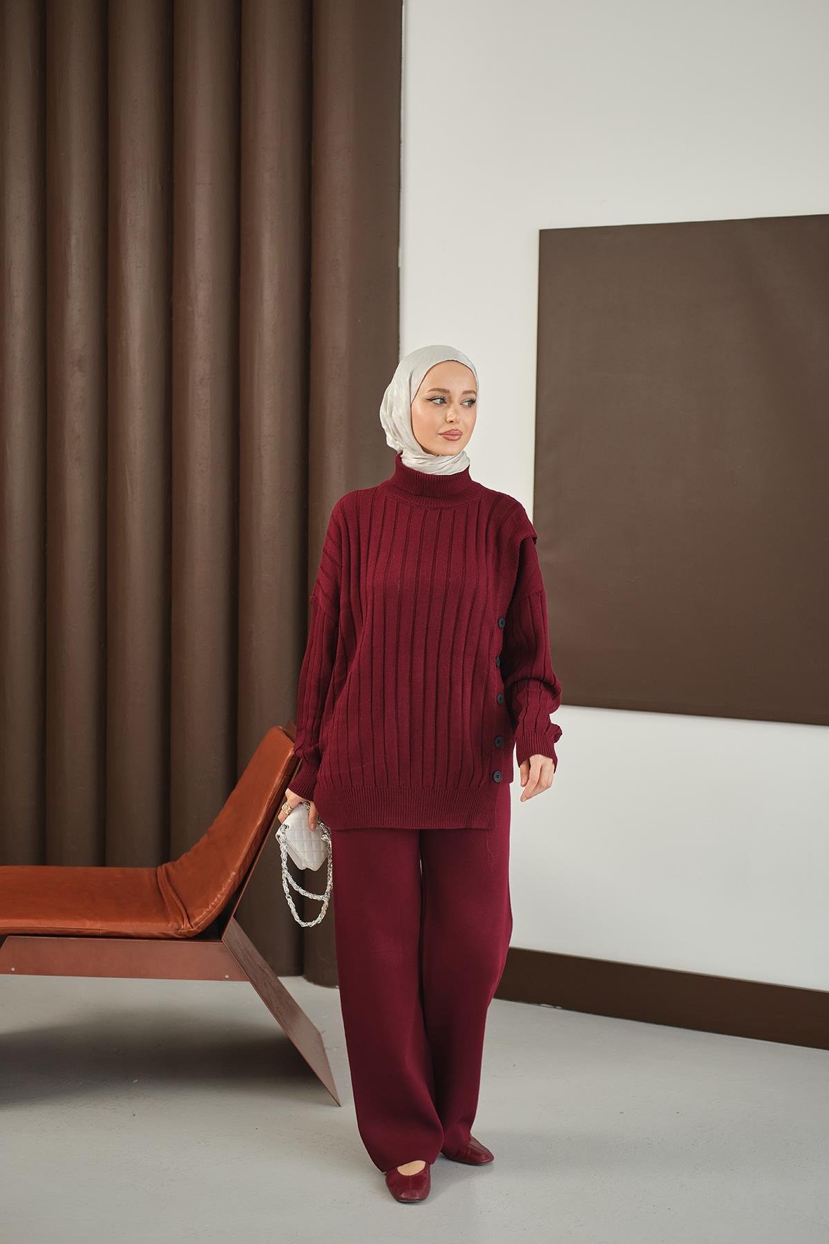 Düğmeli Triko Takım Bordo