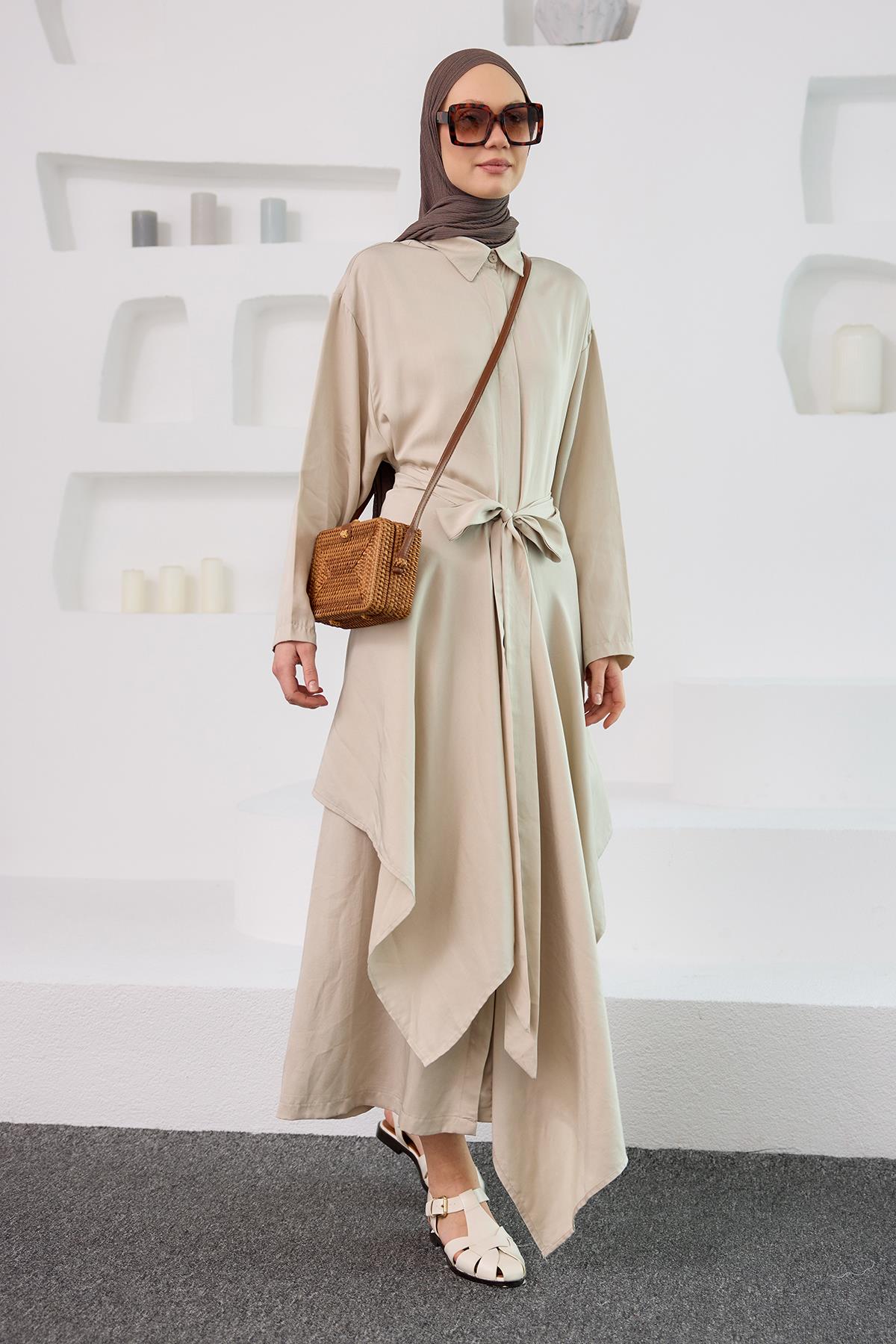 Eteği Bağlamalı Elbise Krem